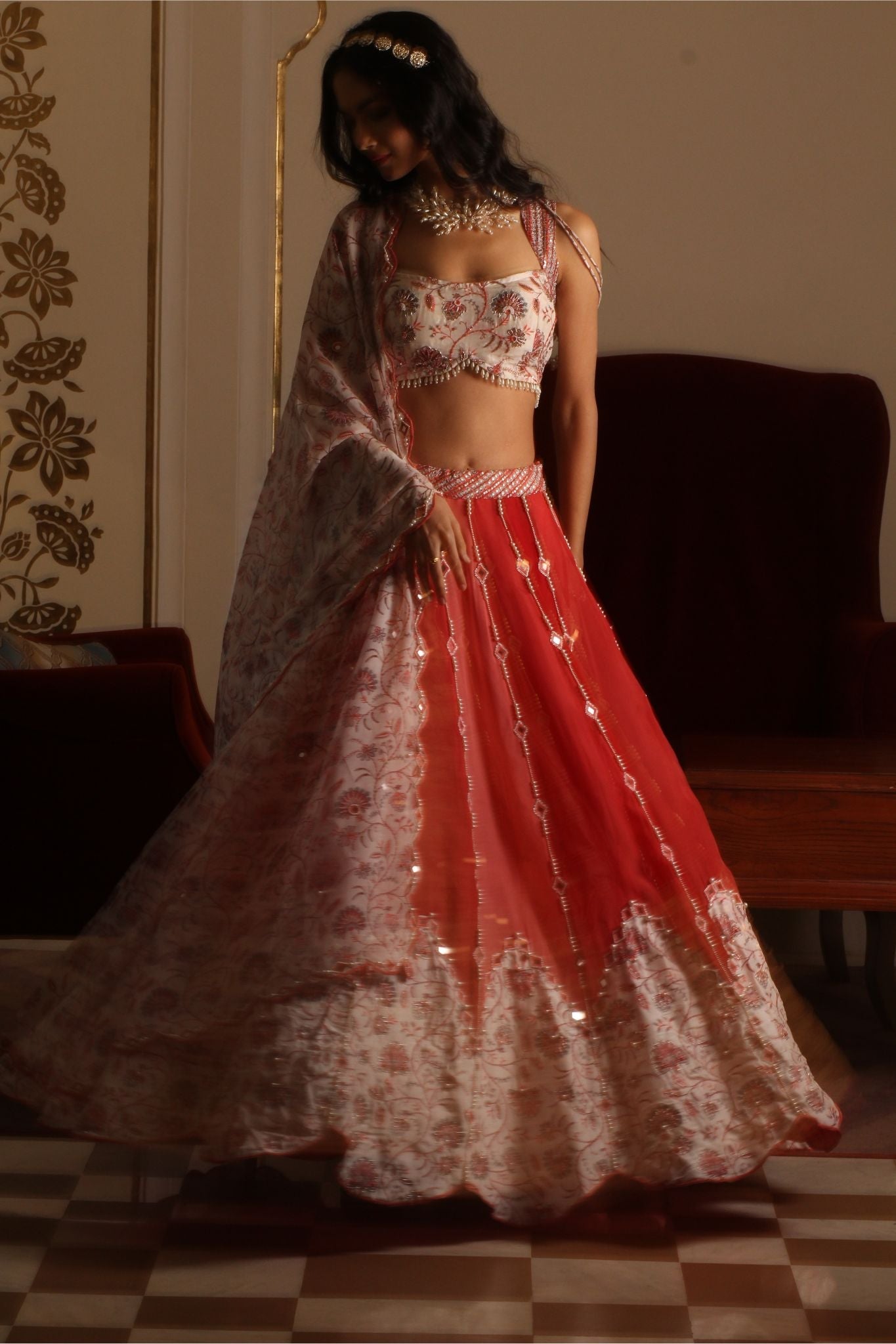 Multi-coloured organza lehenga set