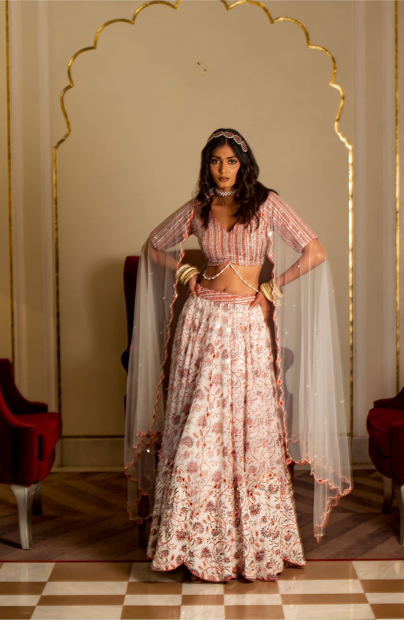 White and peach organza lehenga set