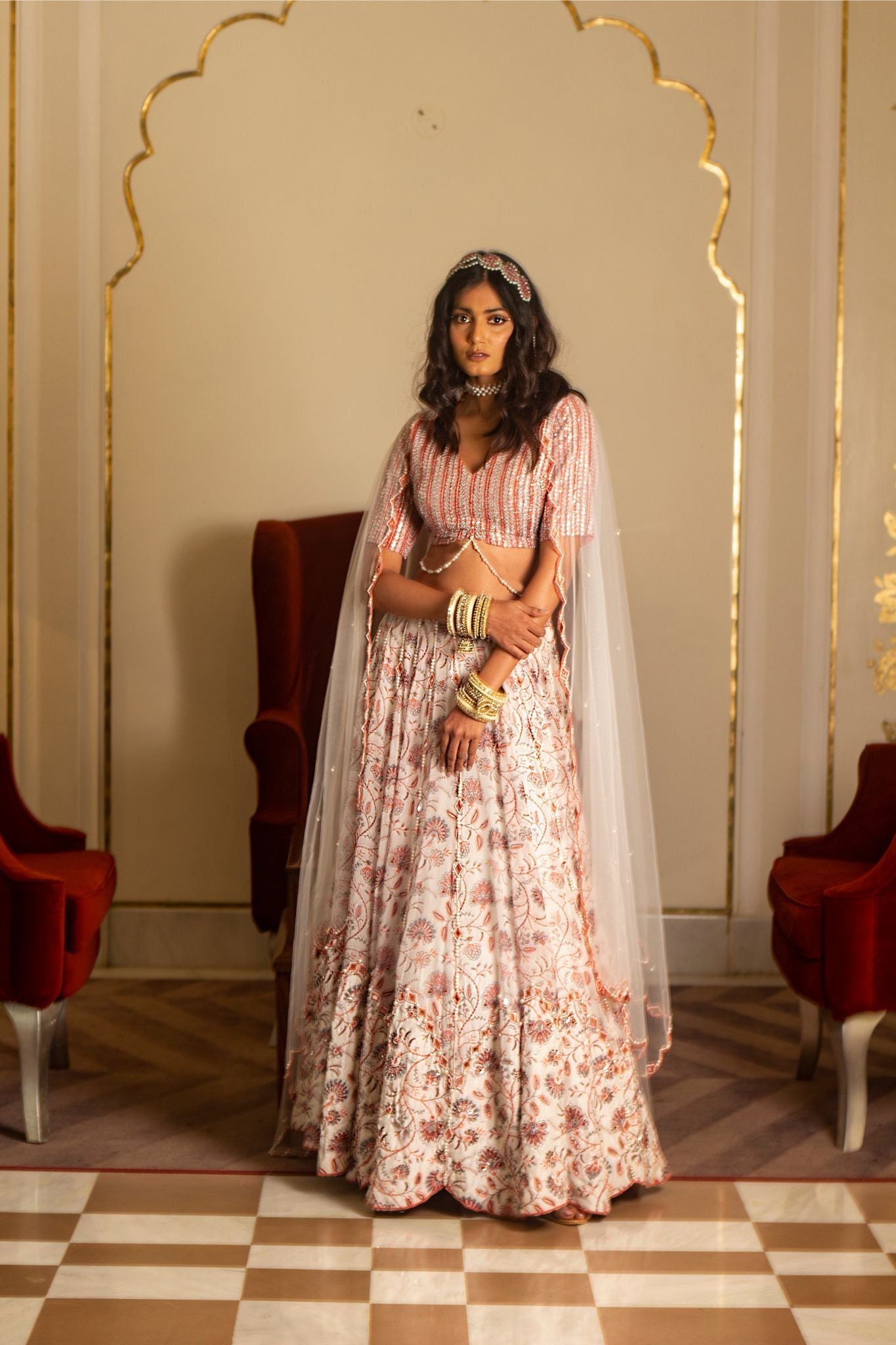 White and peach organza lehenga set