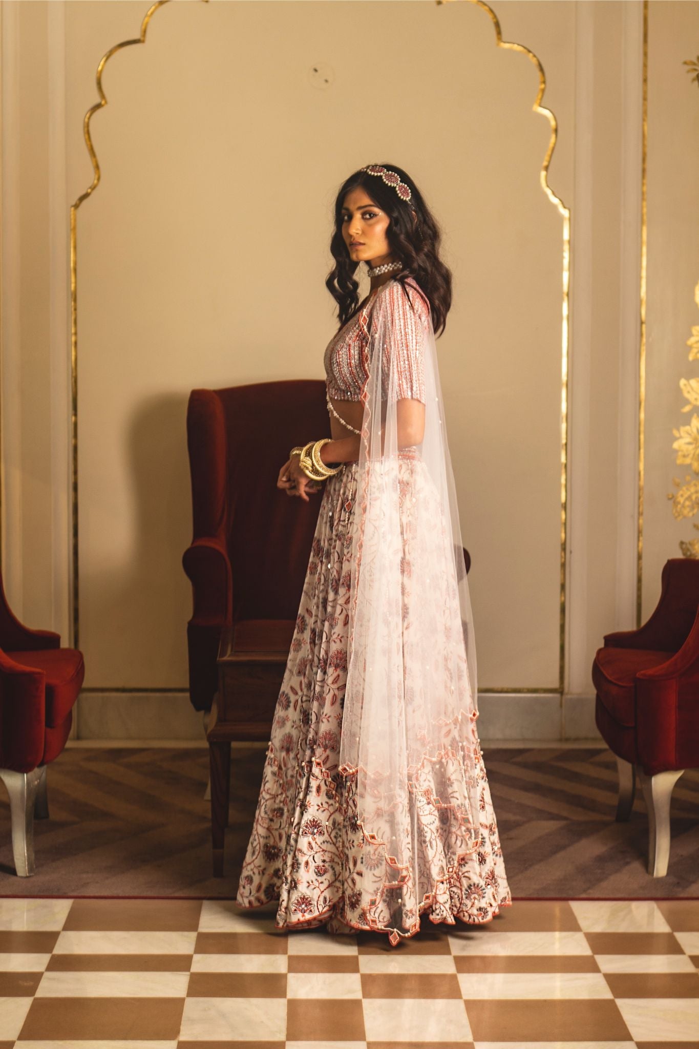 White and peach organza lehenga set