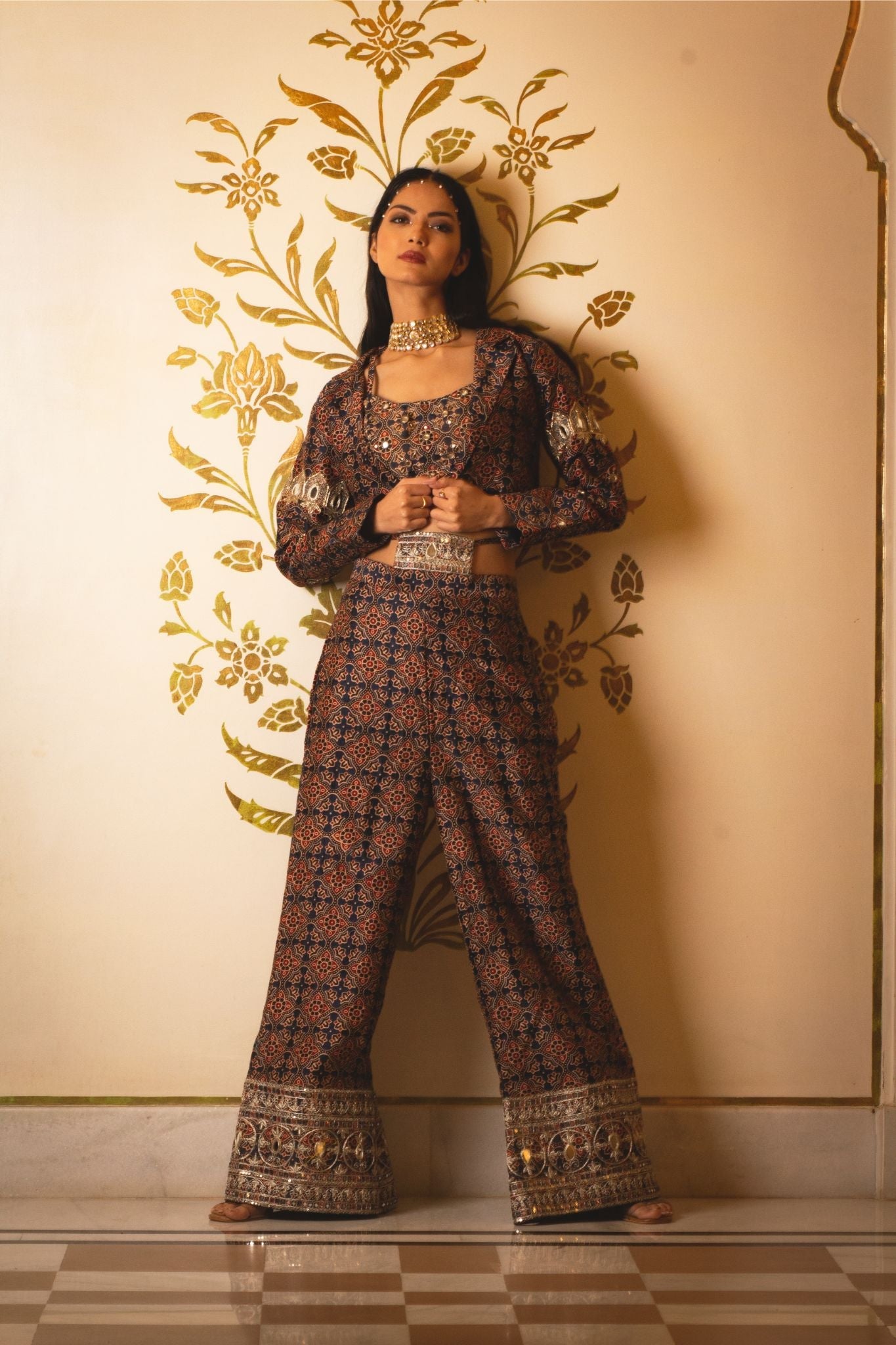 Ajrakh print tie-at-waist pant coat set