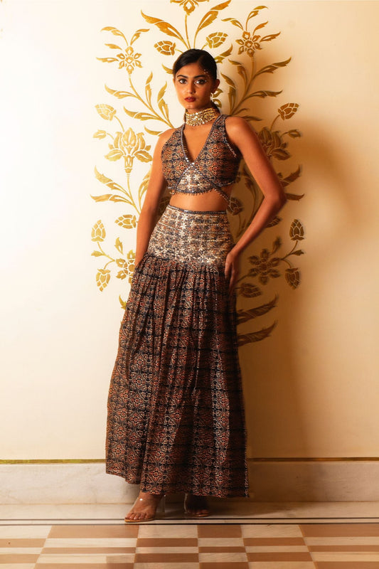 Ajrakh print tie-at-waist blouse and skirt set