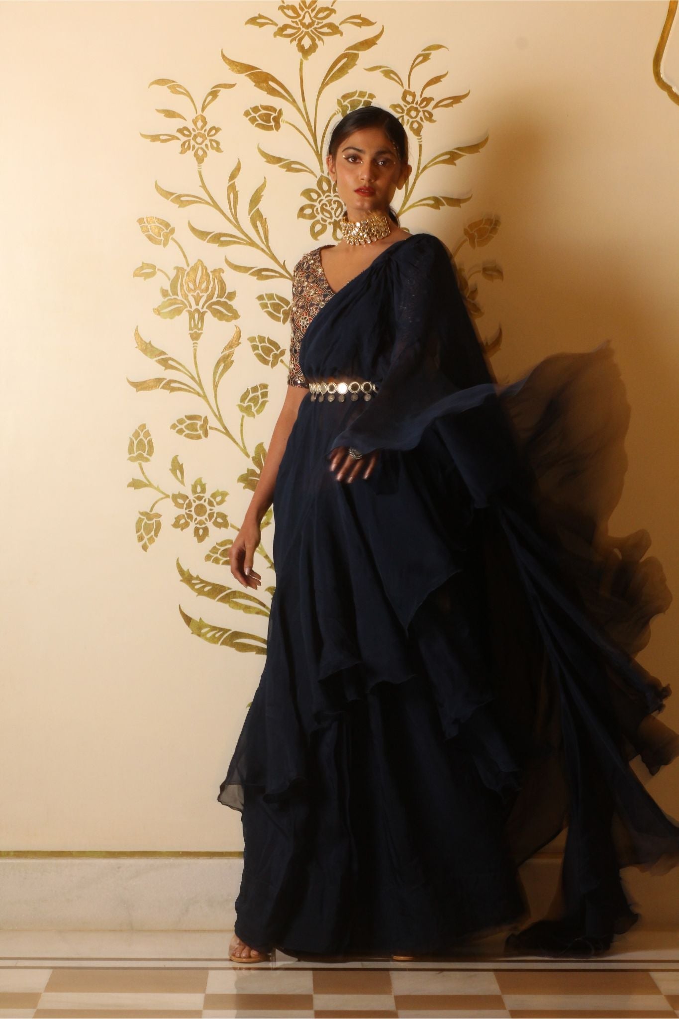 Prussian blue organza ruffle saree set