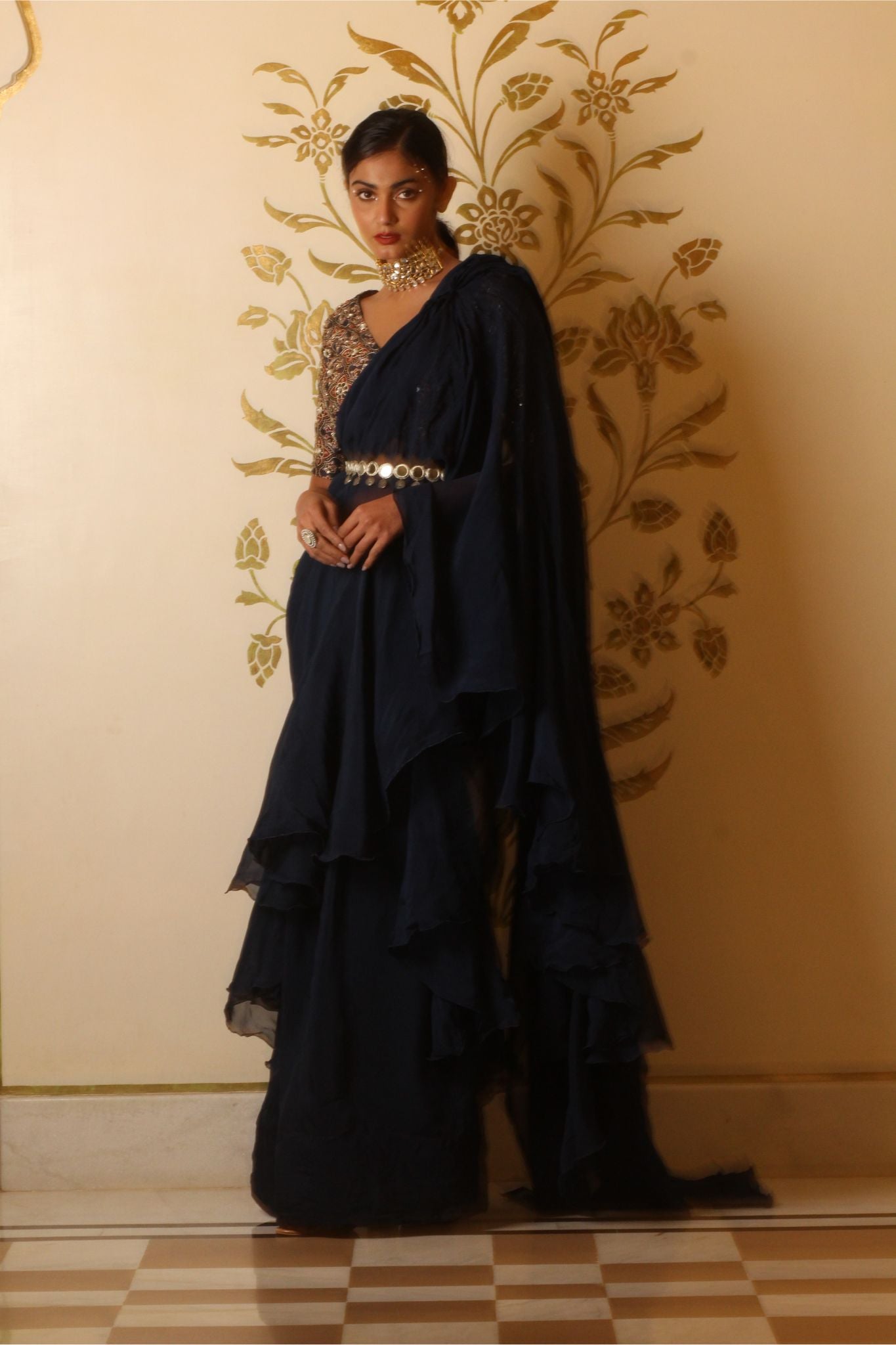 Prussian blue organza ruffle saree set