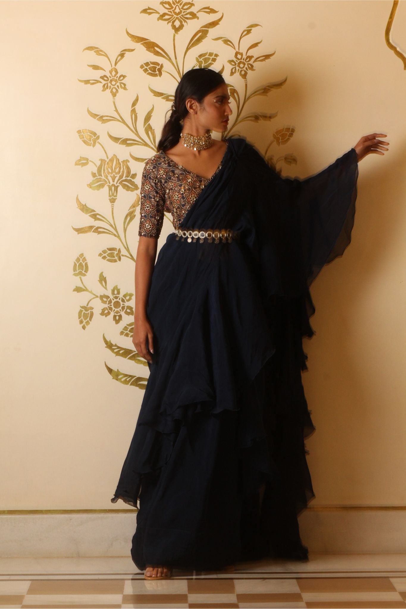 Prussian blue organza ruffle saree set