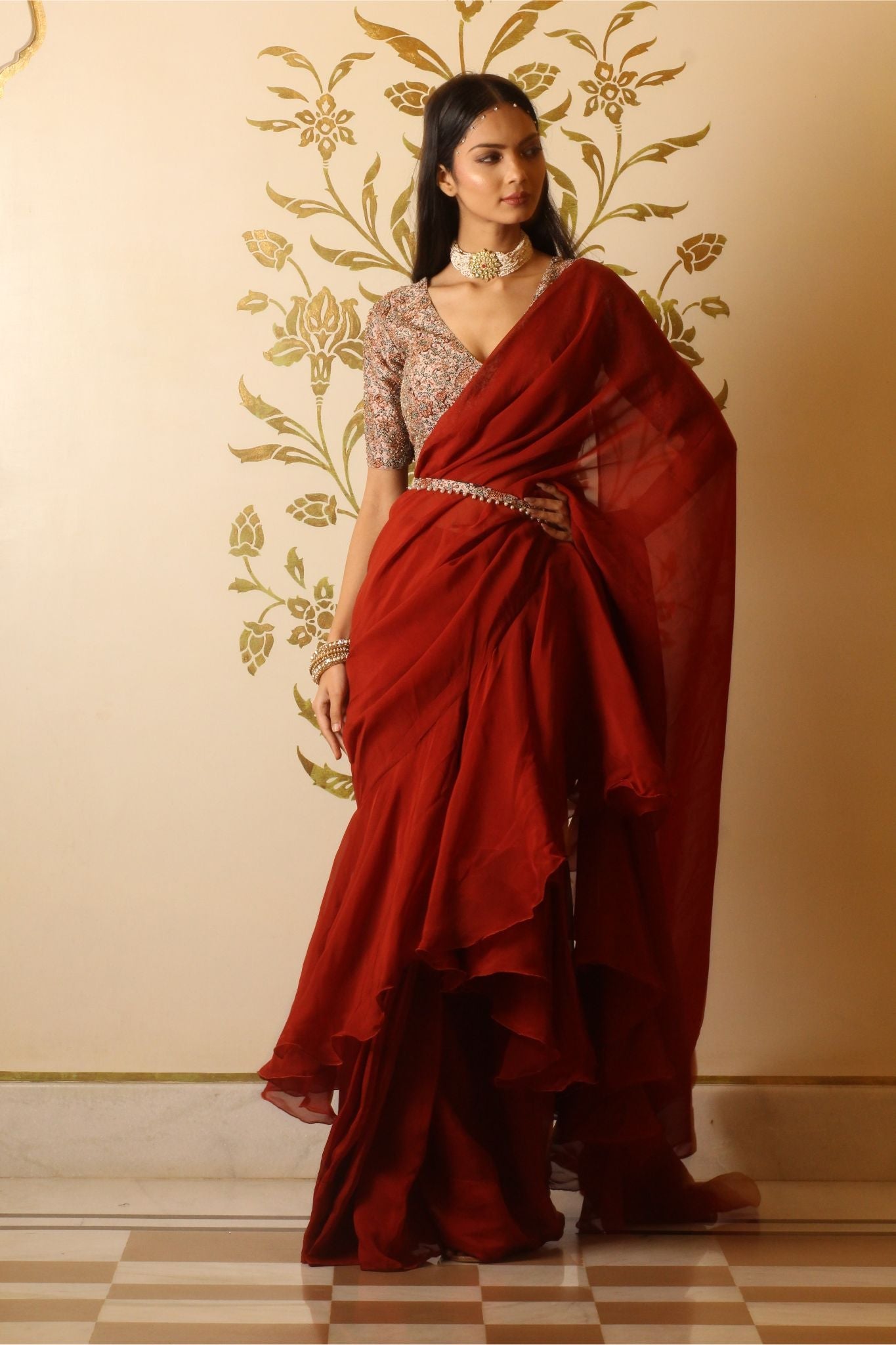 Rustic red organza ruffle saree set