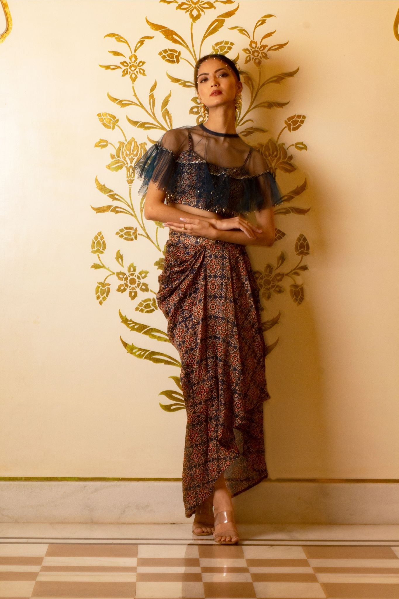 Ajrakh print drape skirt set