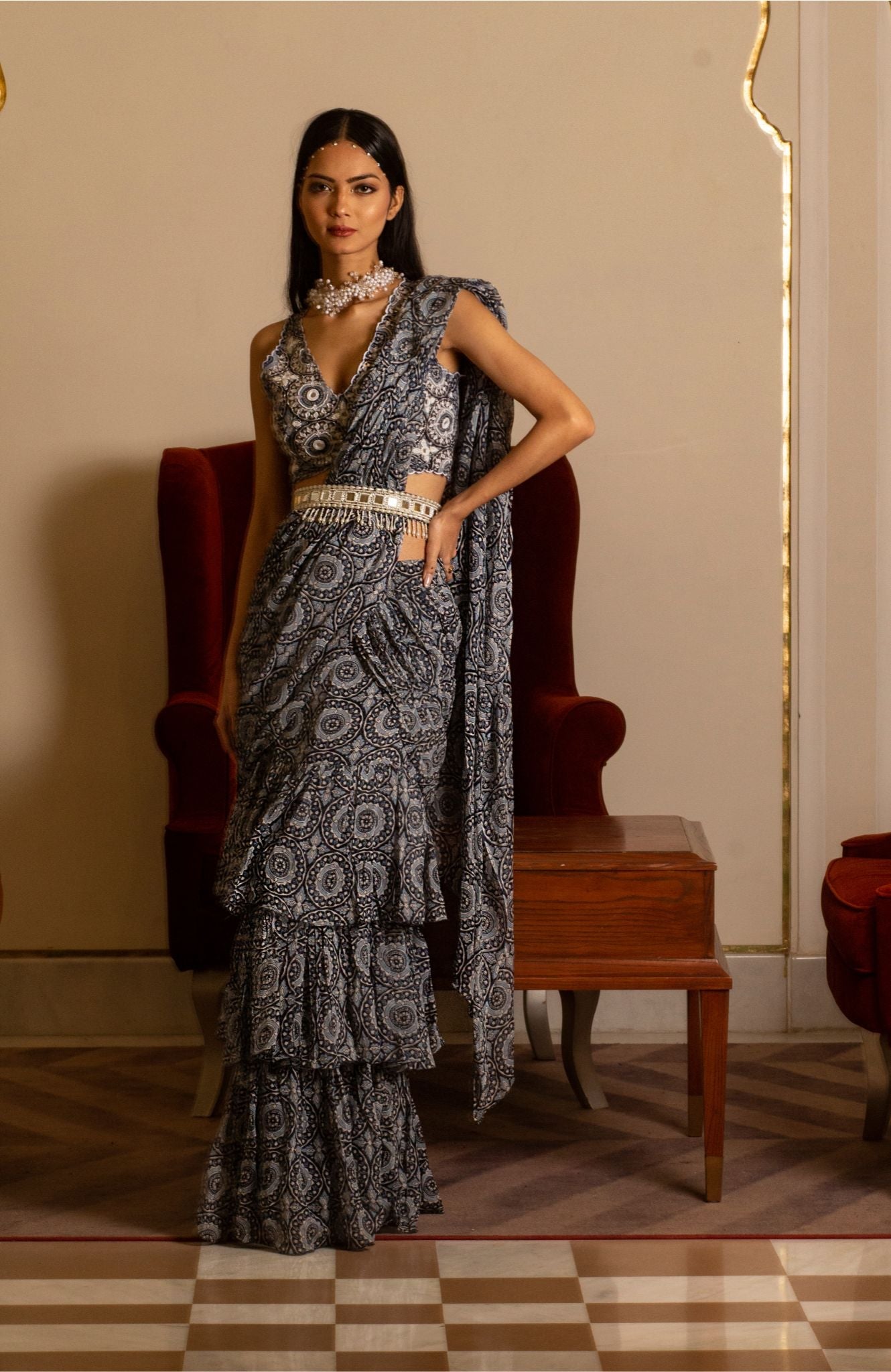 Blue printed skirt saree set with belt