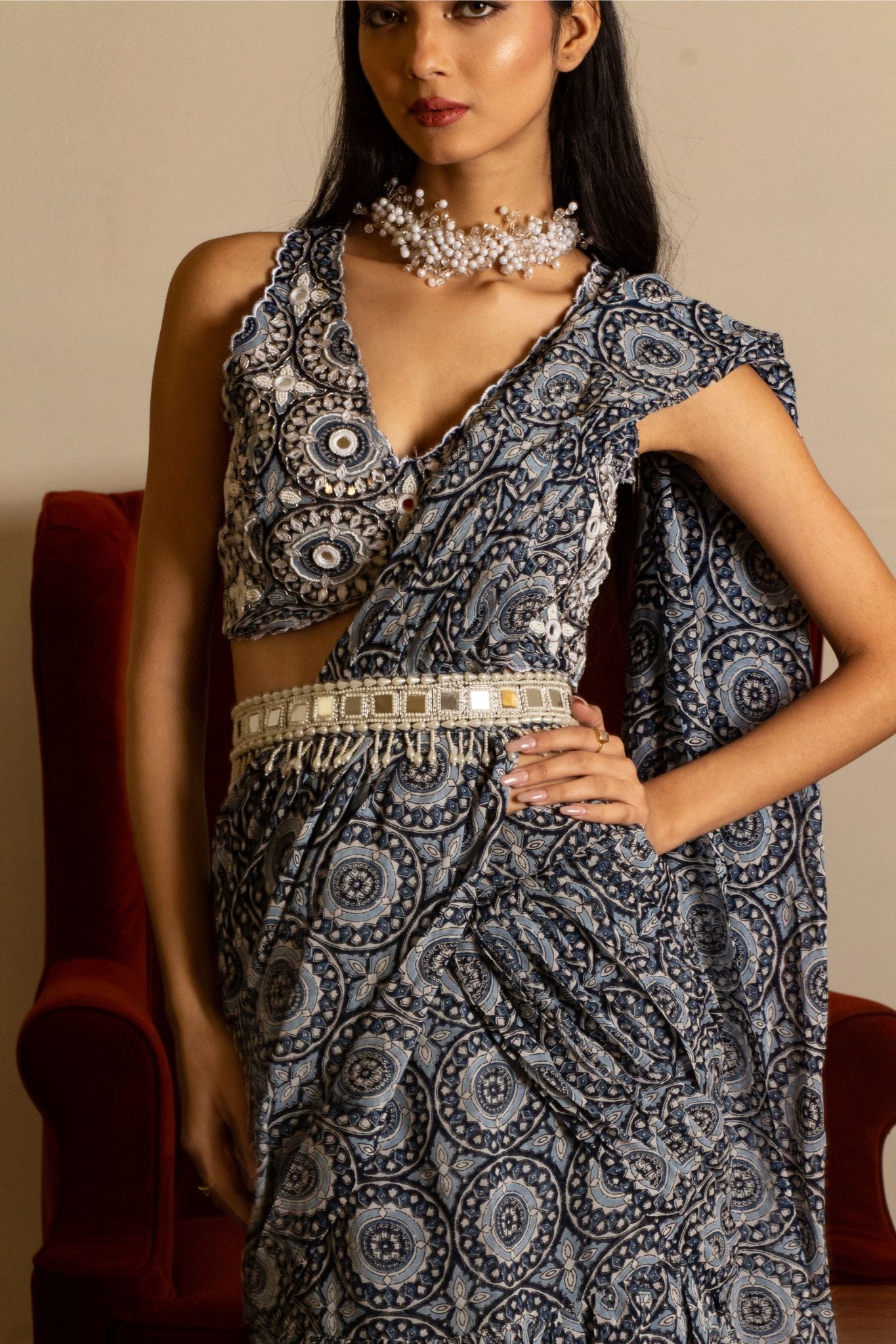 Blue printed skirt saree set with belt