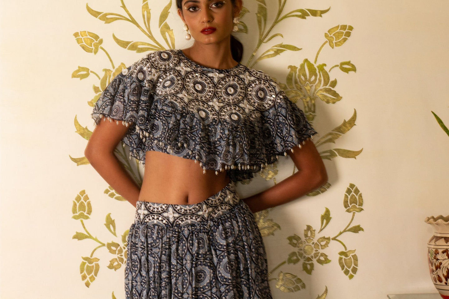 Blue printed skirt and cape set