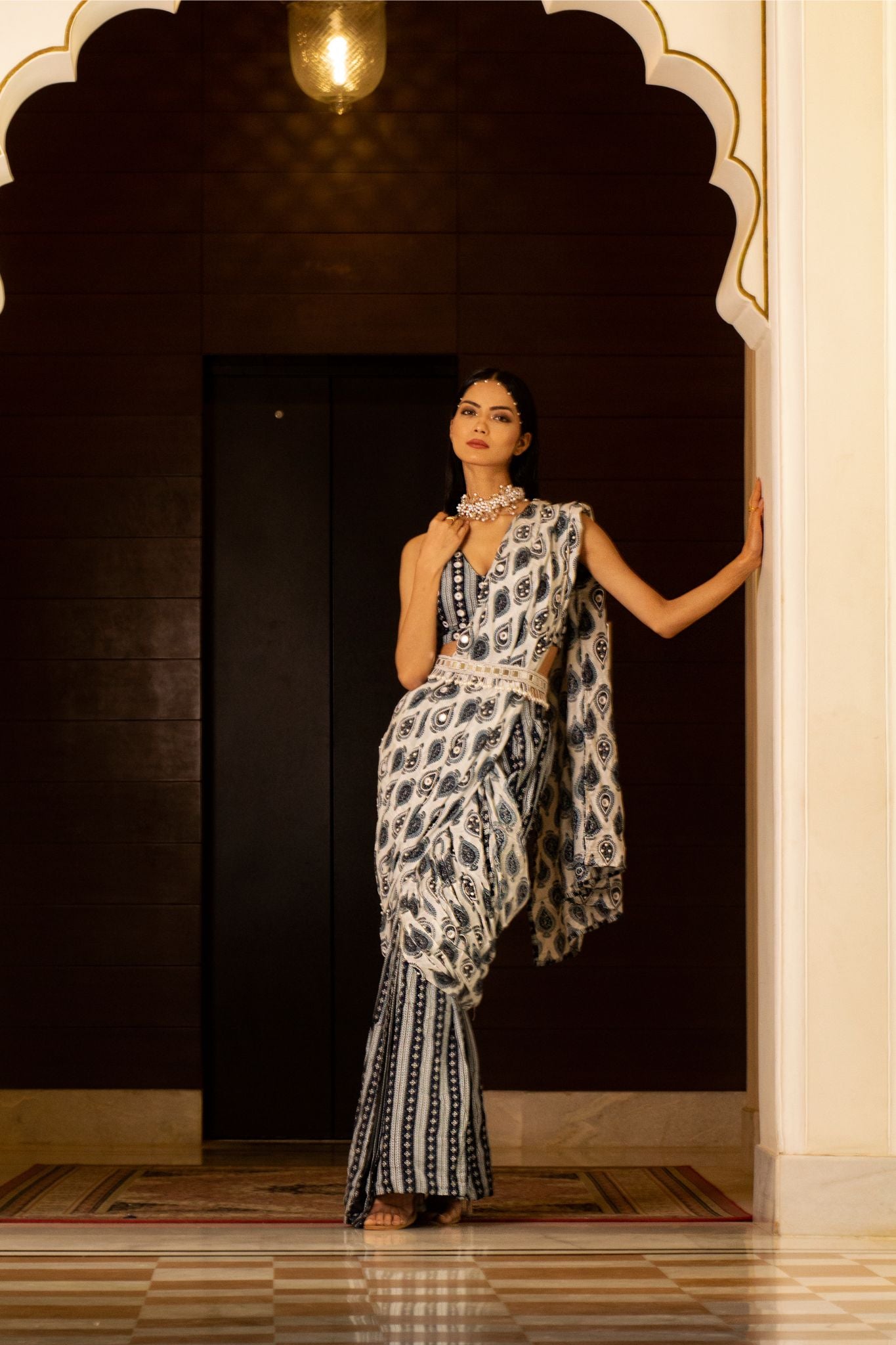 White and blue printed saree set