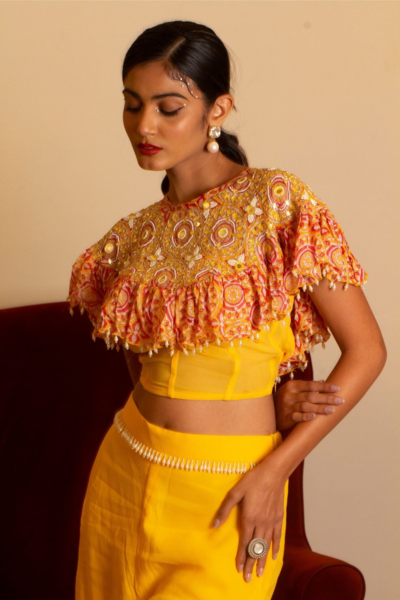 Yellow sharara set with cape