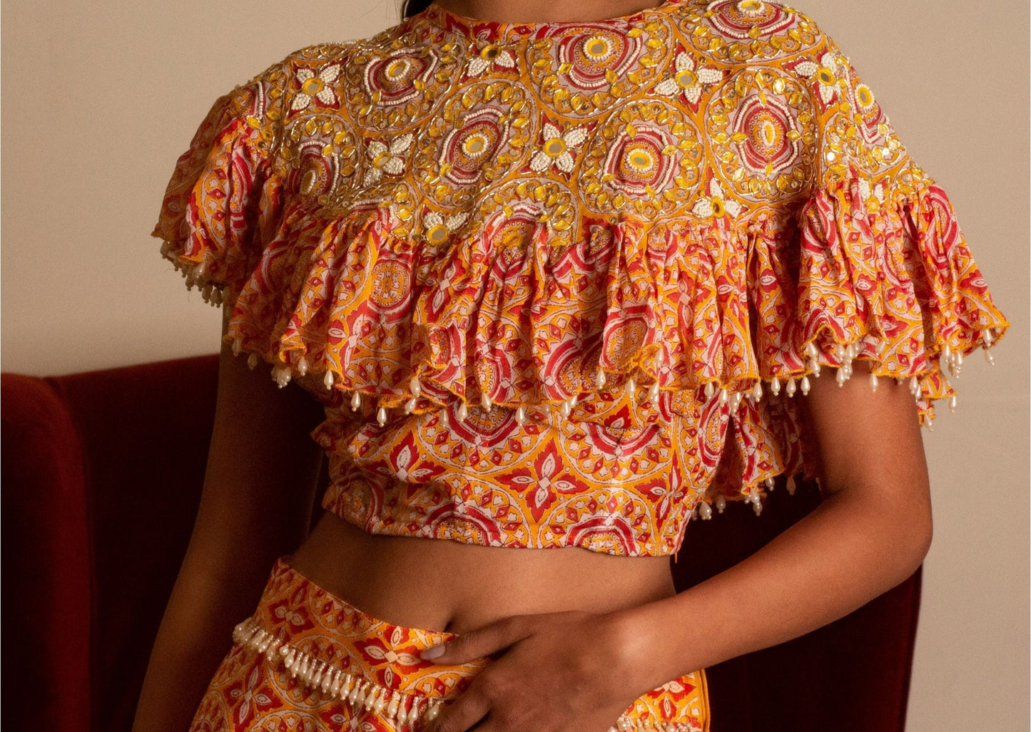 Yellow printed sharara set with cape