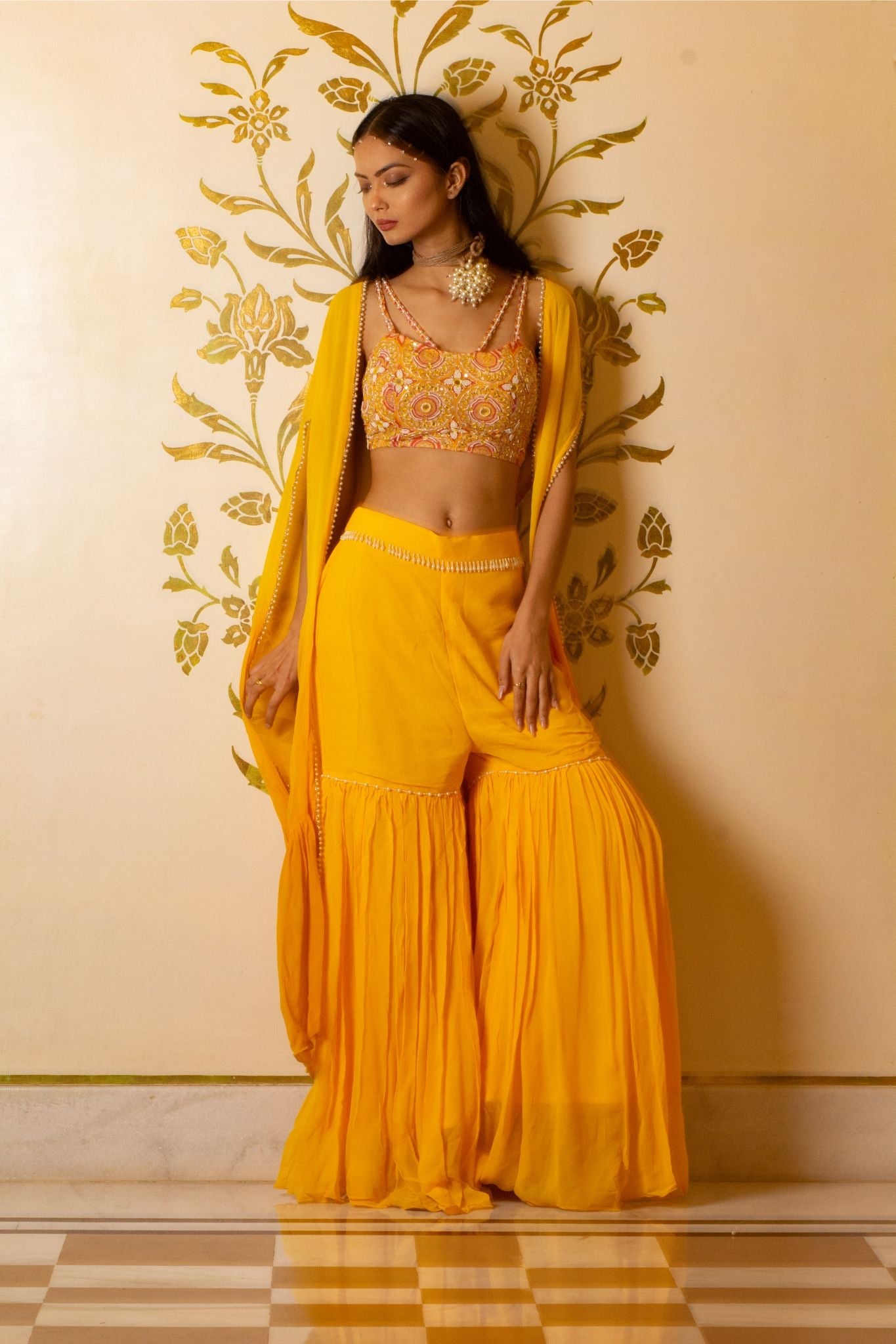 Yellow sharara set with shrug