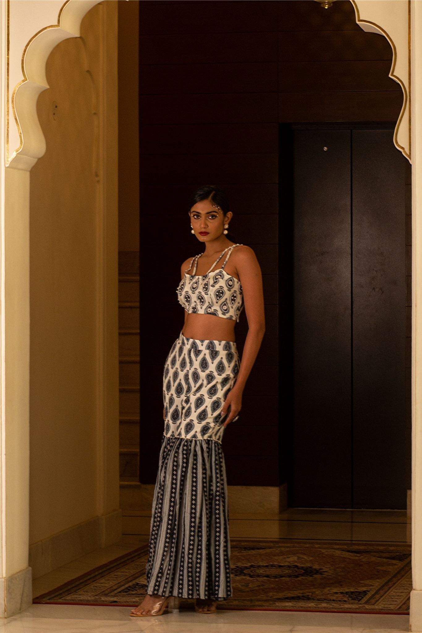 White and blue printed sharara set