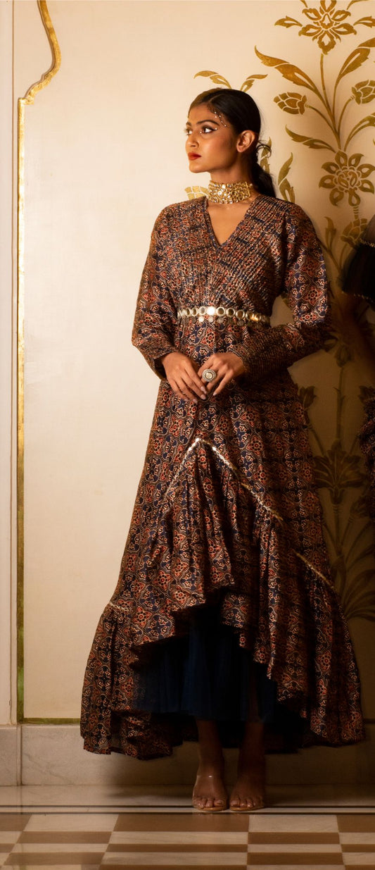 Ajrakh print pintuck dress