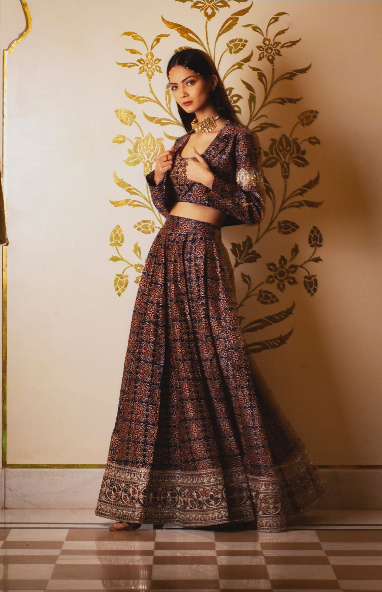 Ajrakh print skirt and coat set