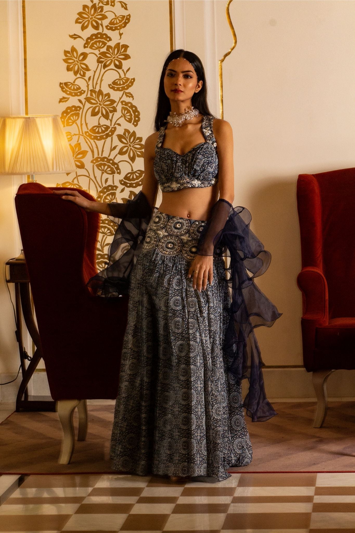 Blue printed broad belt skirt set