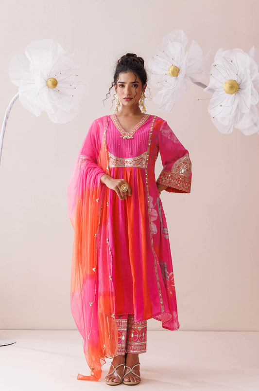 Pink and orange dori work kurta set