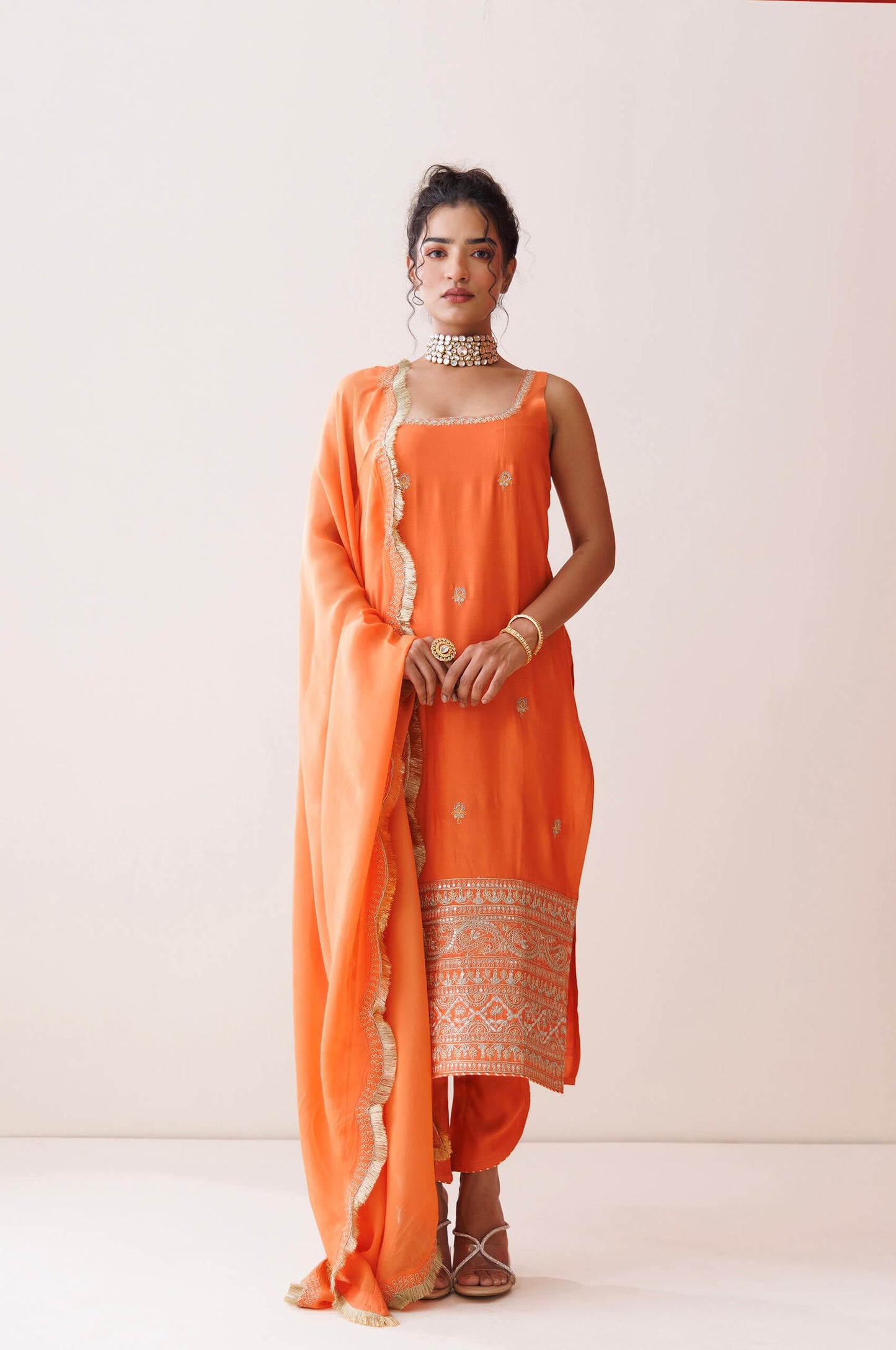 Orange square neck kurta set