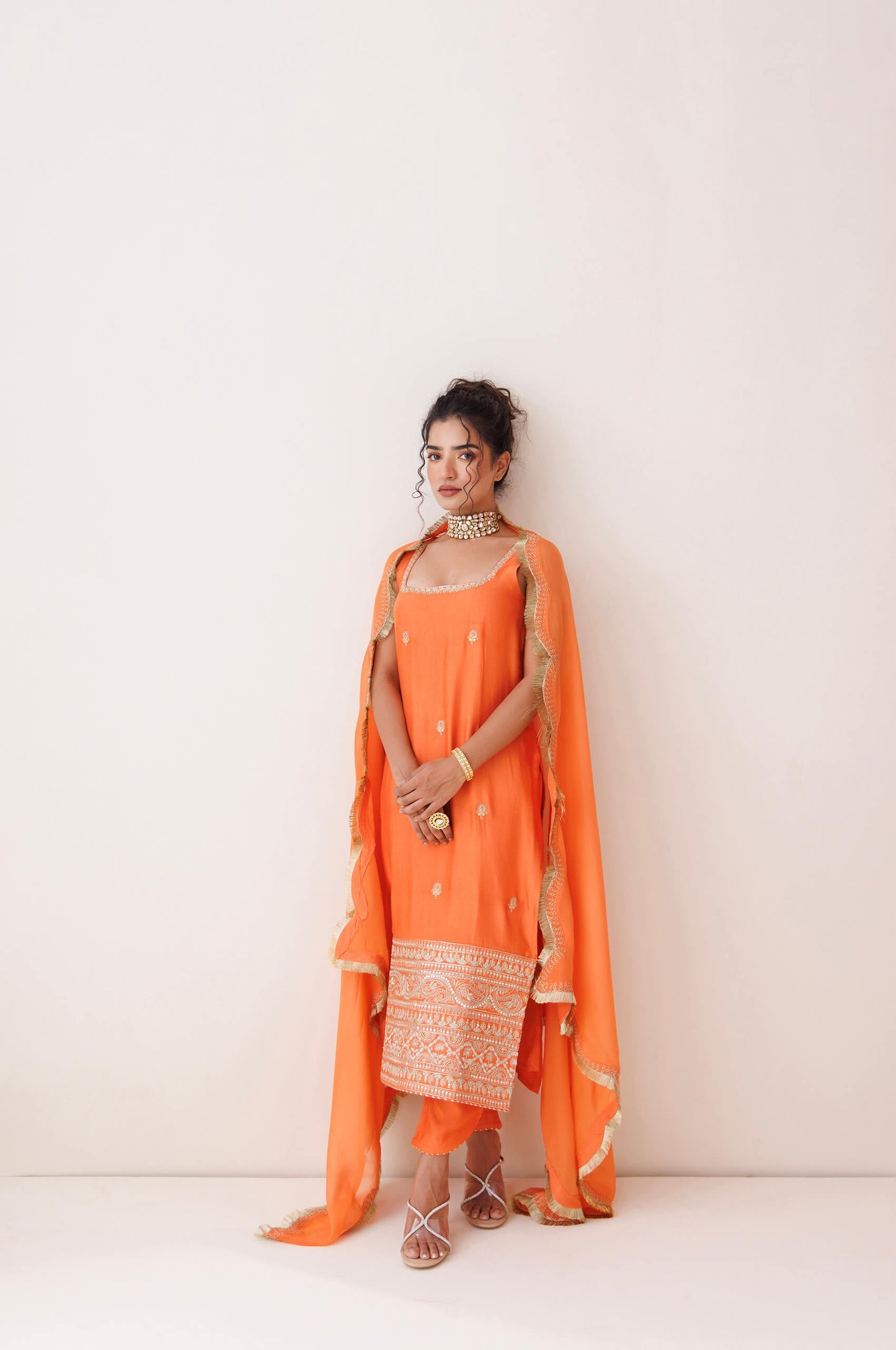 Orange square neck kurta set