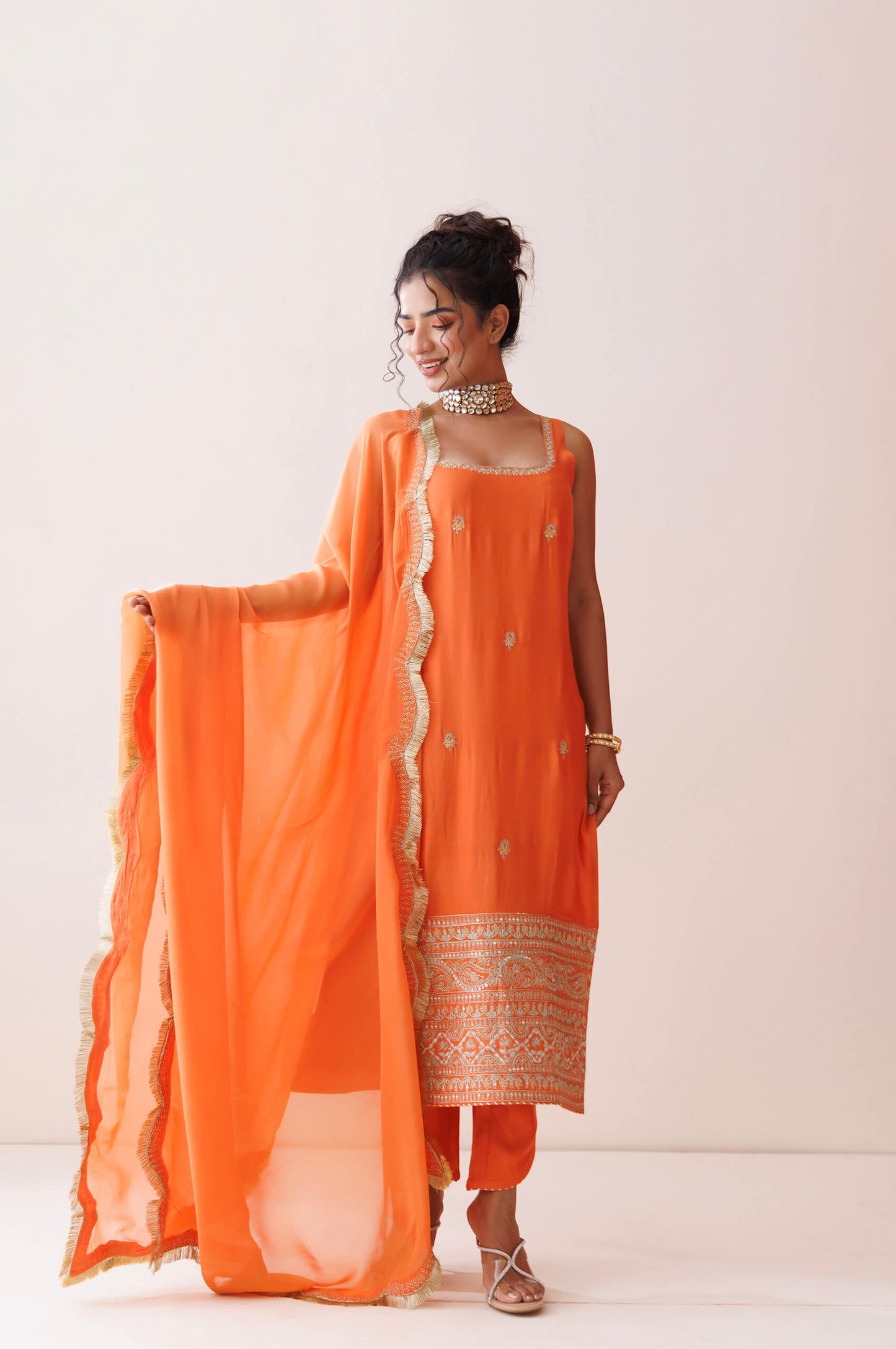 Orange square neck kurta set