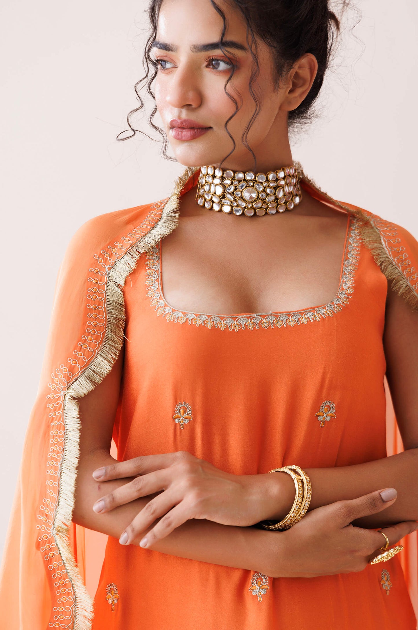 Orange square neck kurta set