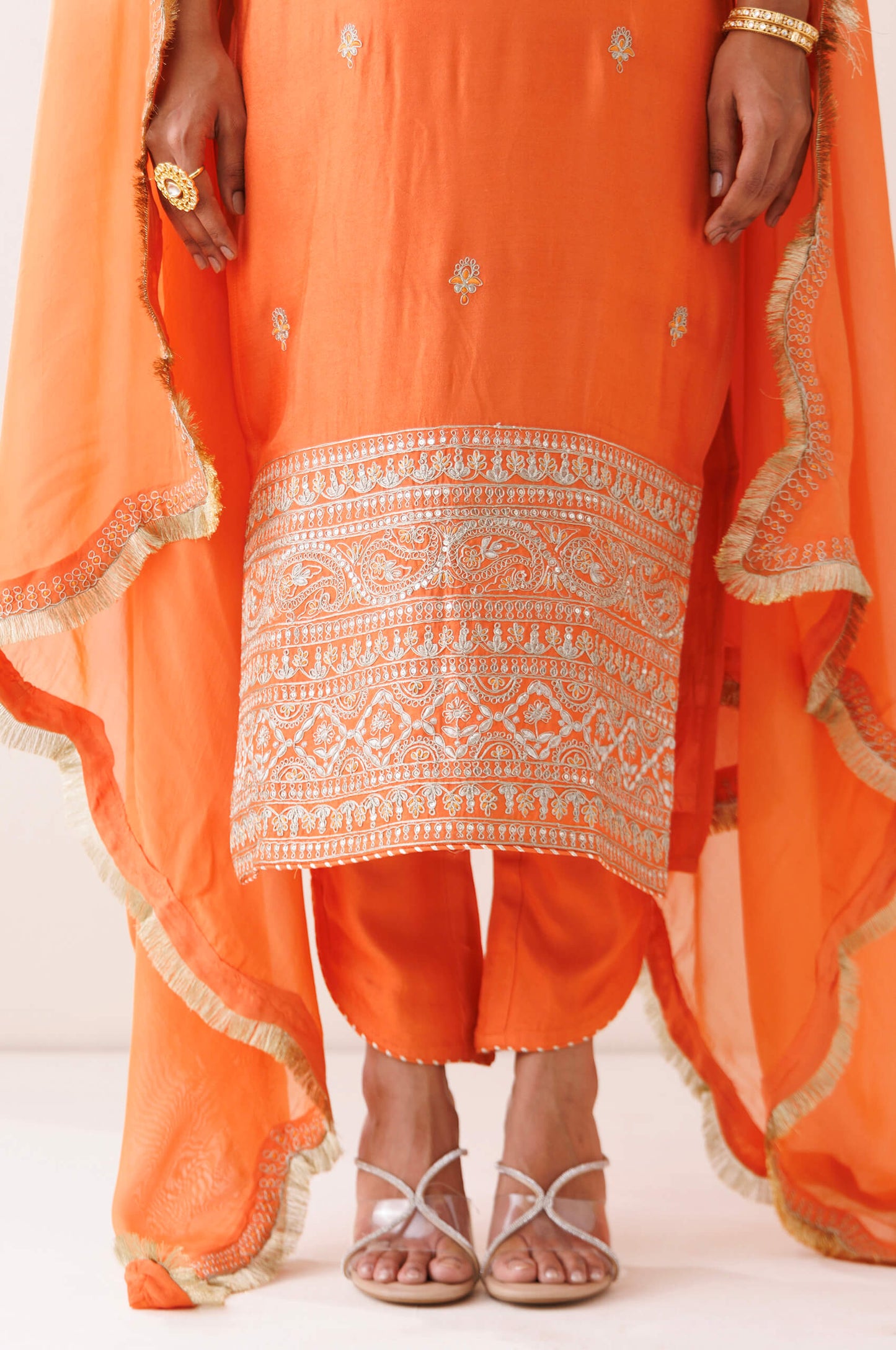 Orange square neck kurta set