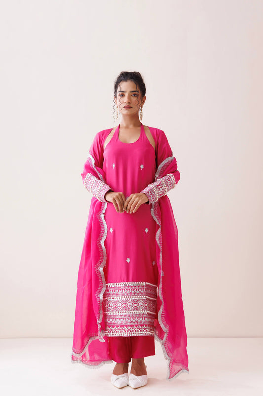 Hot pink chanderi halter neck kurta set