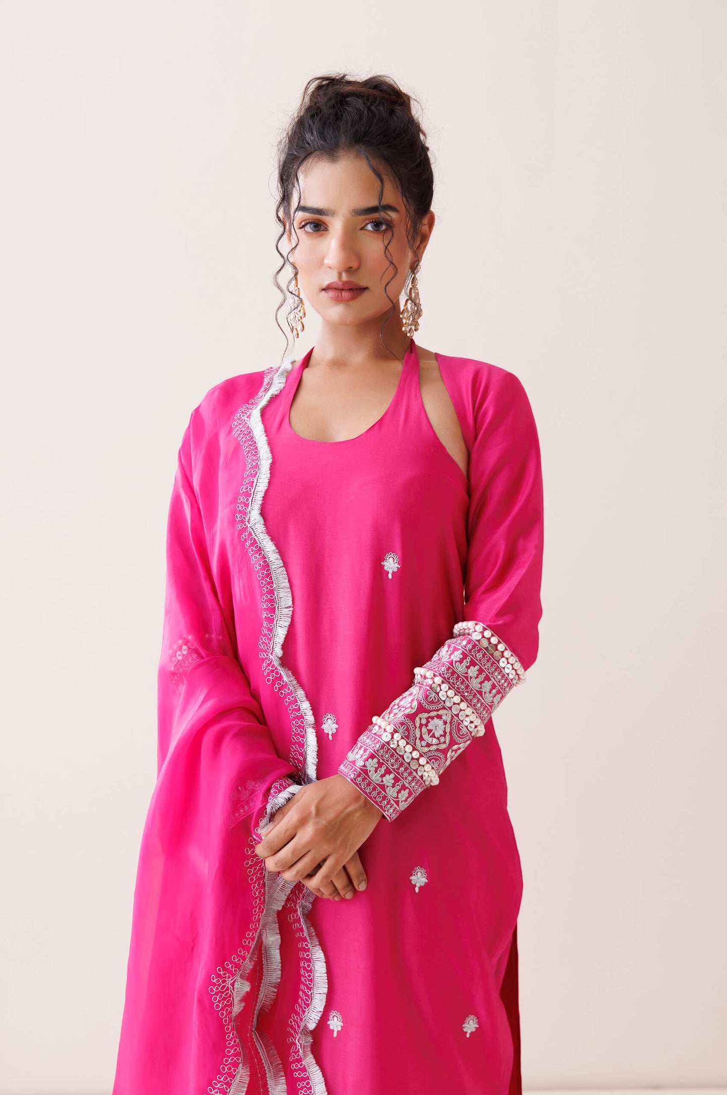 Hot pink chanderi halter neck kurta set