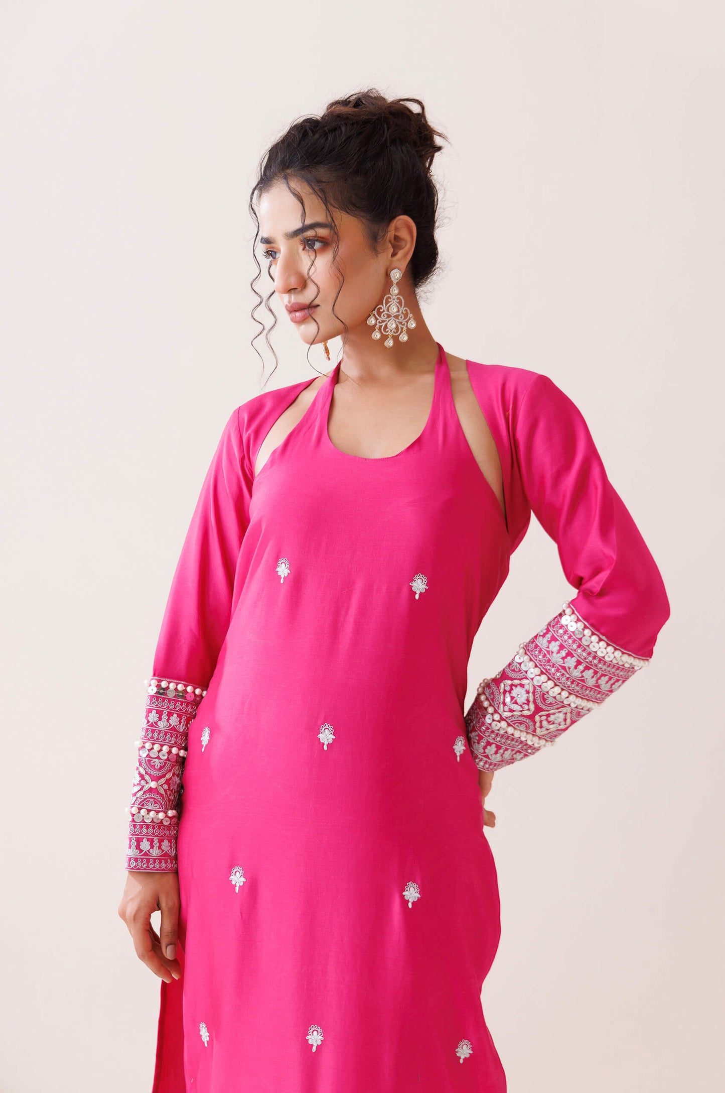 Hot pink chanderi halter neck kurta set