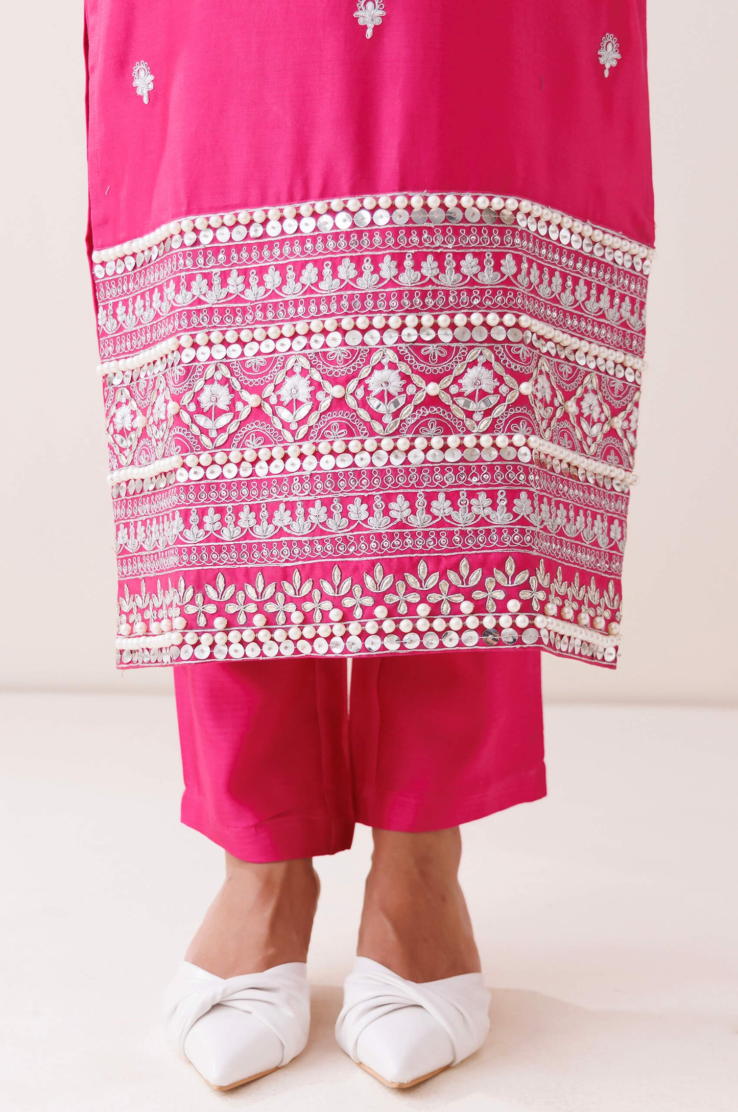 Hot pink chanderi halter neck kurta set