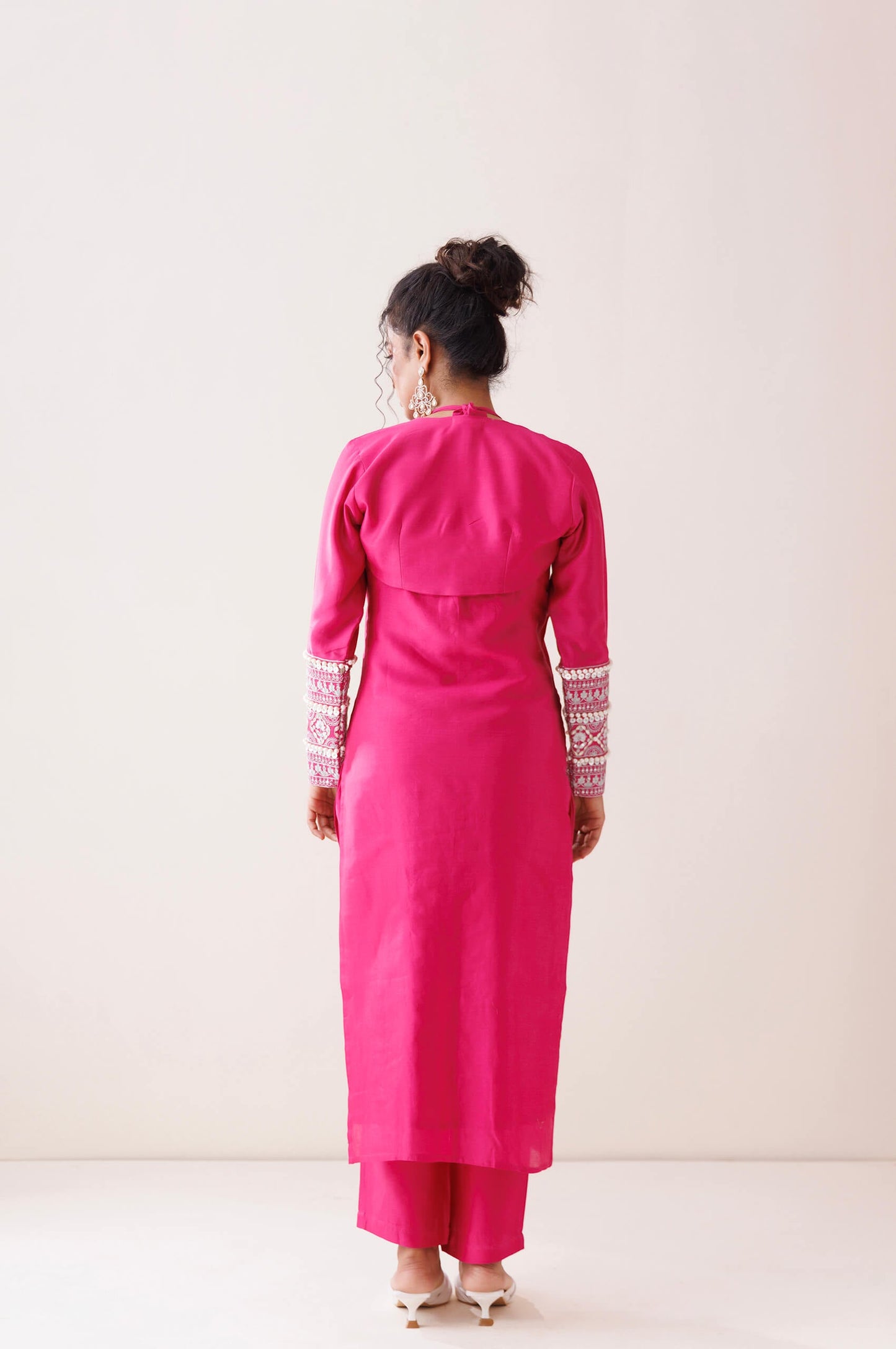 Hot pink chanderi halter neck kurta set