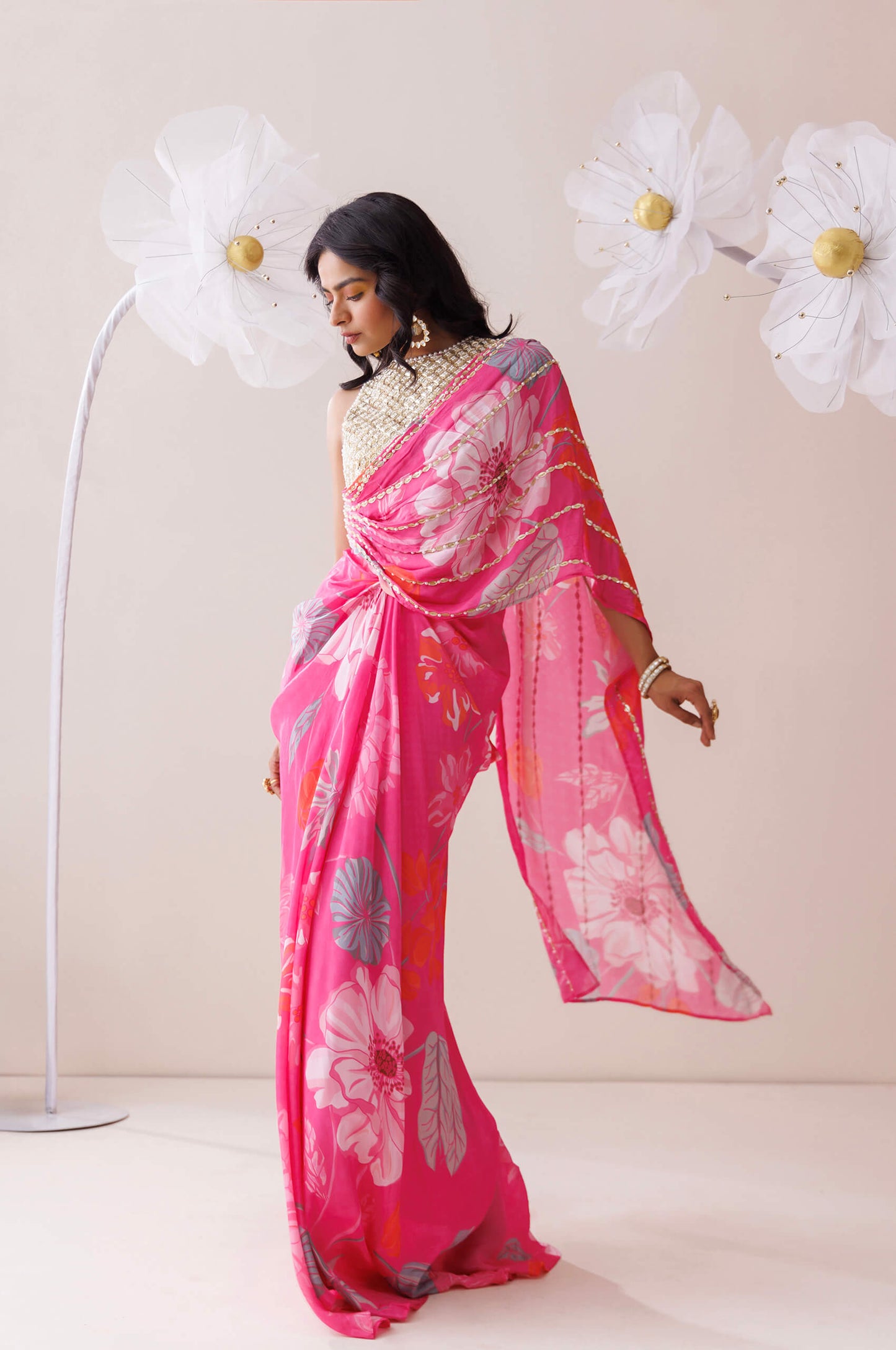 Pink and golden saree style co-ord set