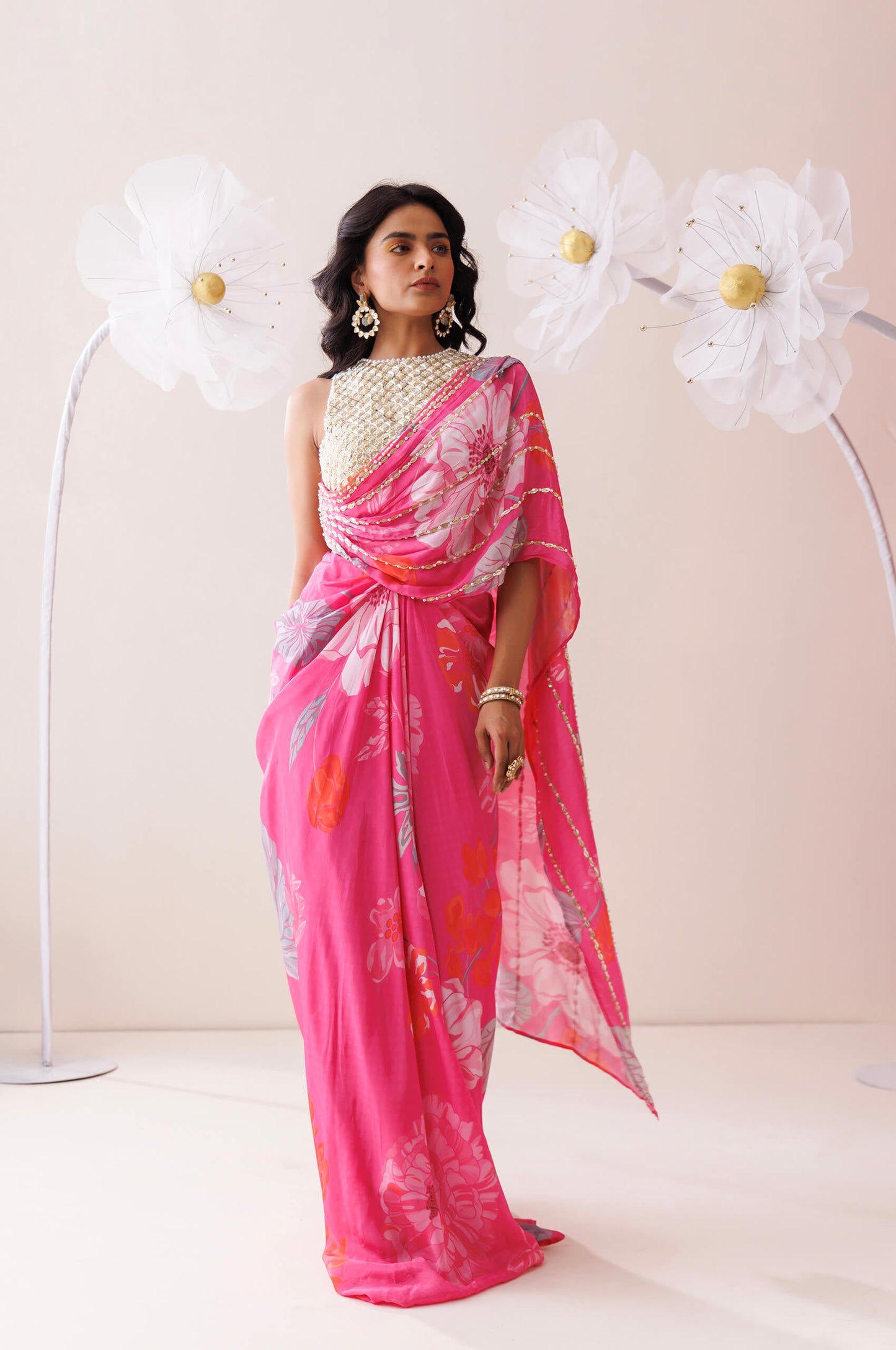 Pink and golden saree style co-ord set