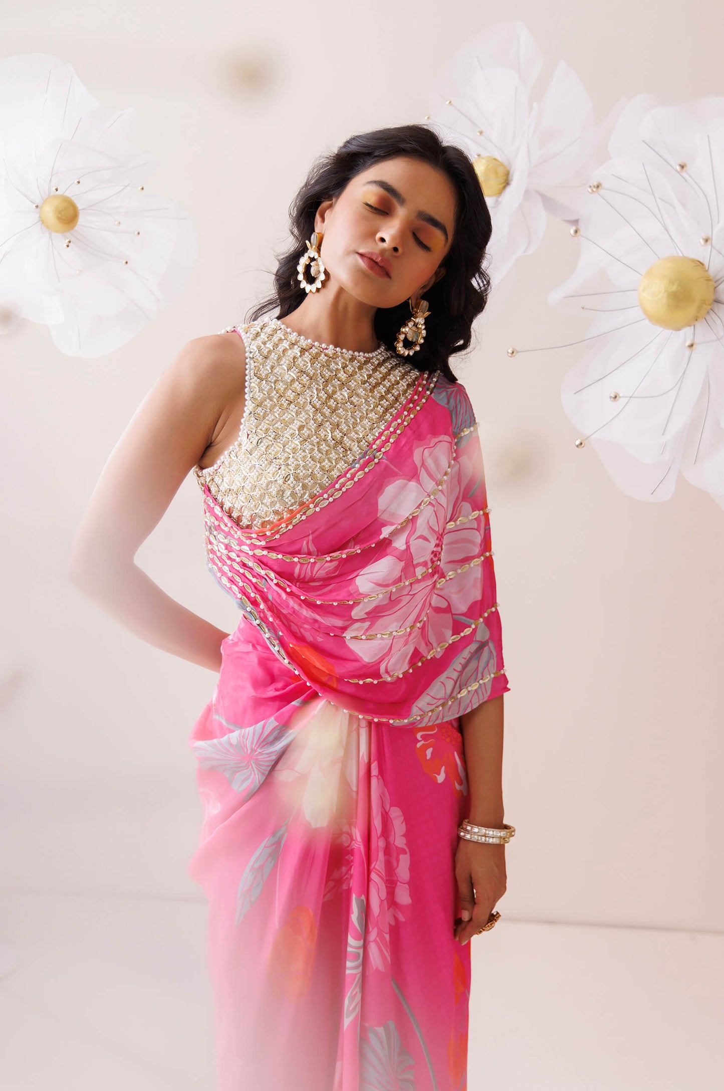 Pink and golden saree style co-ord set