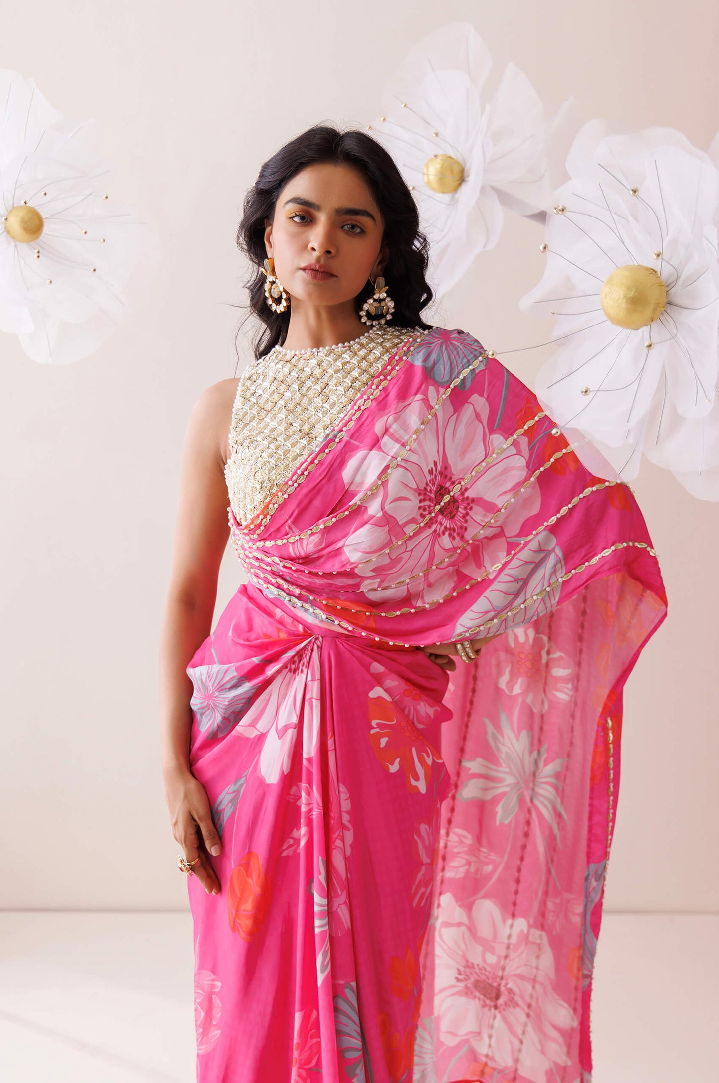 Pink and golden saree style co-ord set