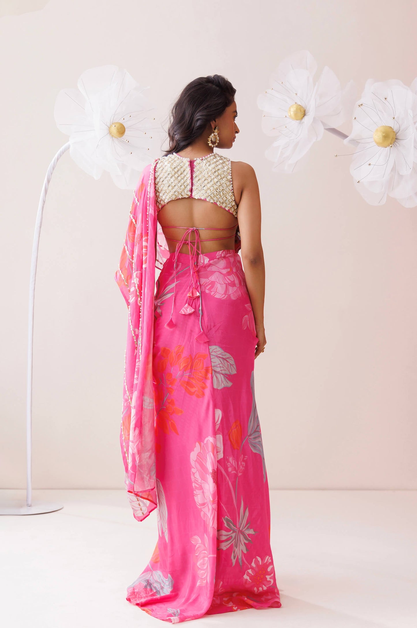 Pink and golden saree style co-ord set