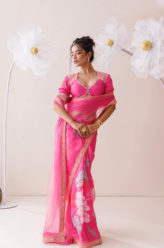 Pink net saree