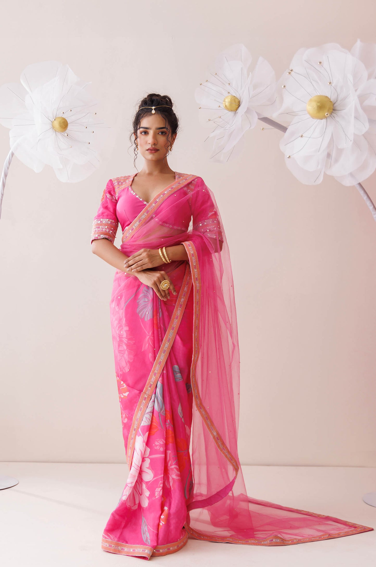 Pink net saree