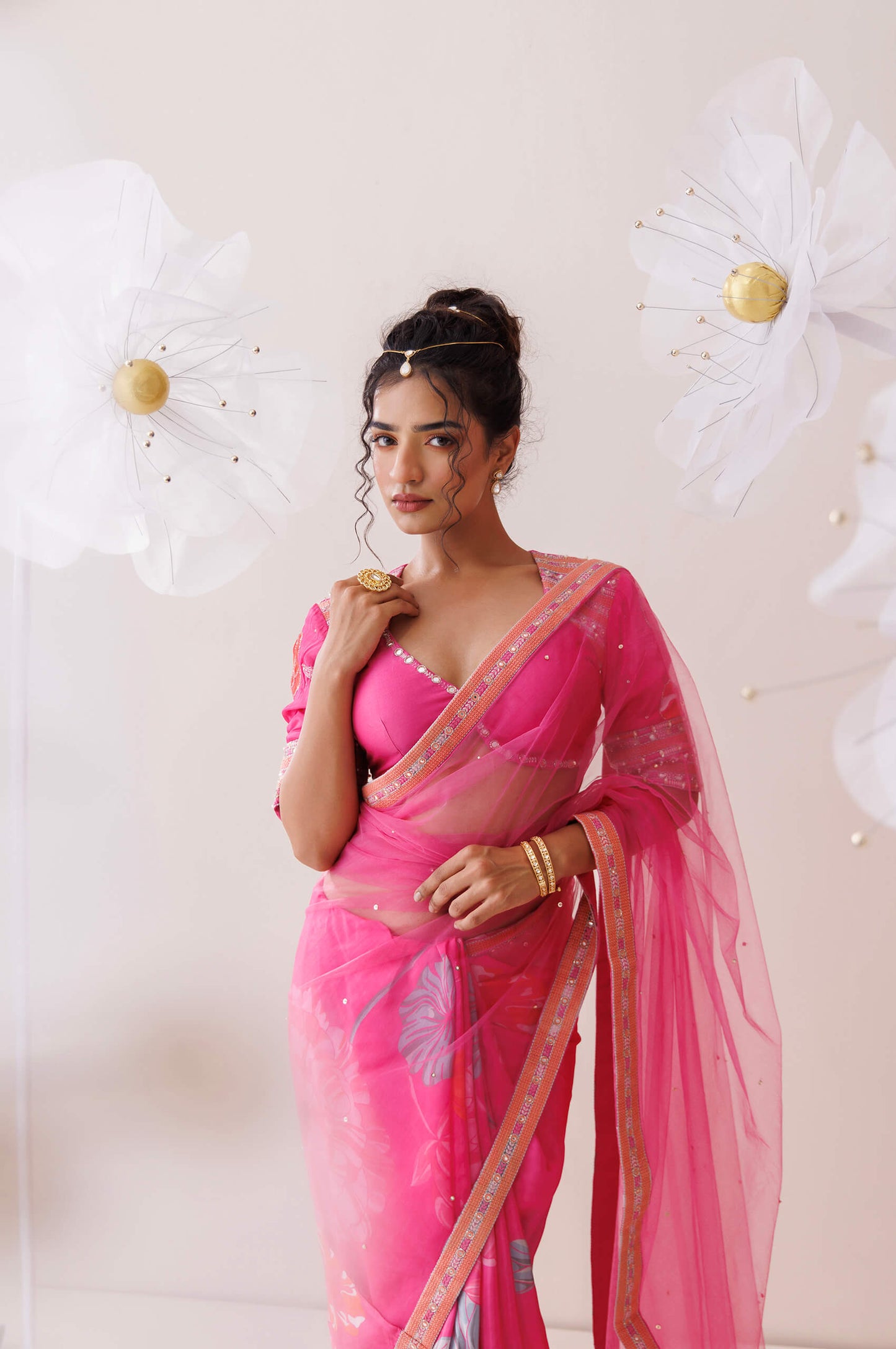 Pink net saree