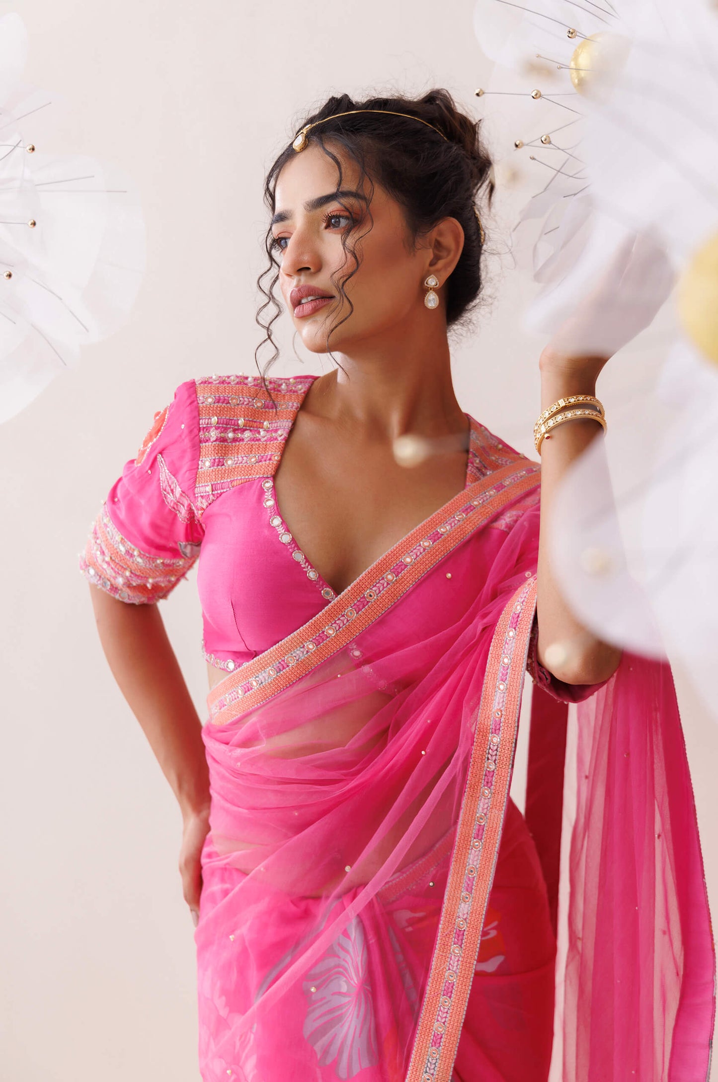 Pink net saree