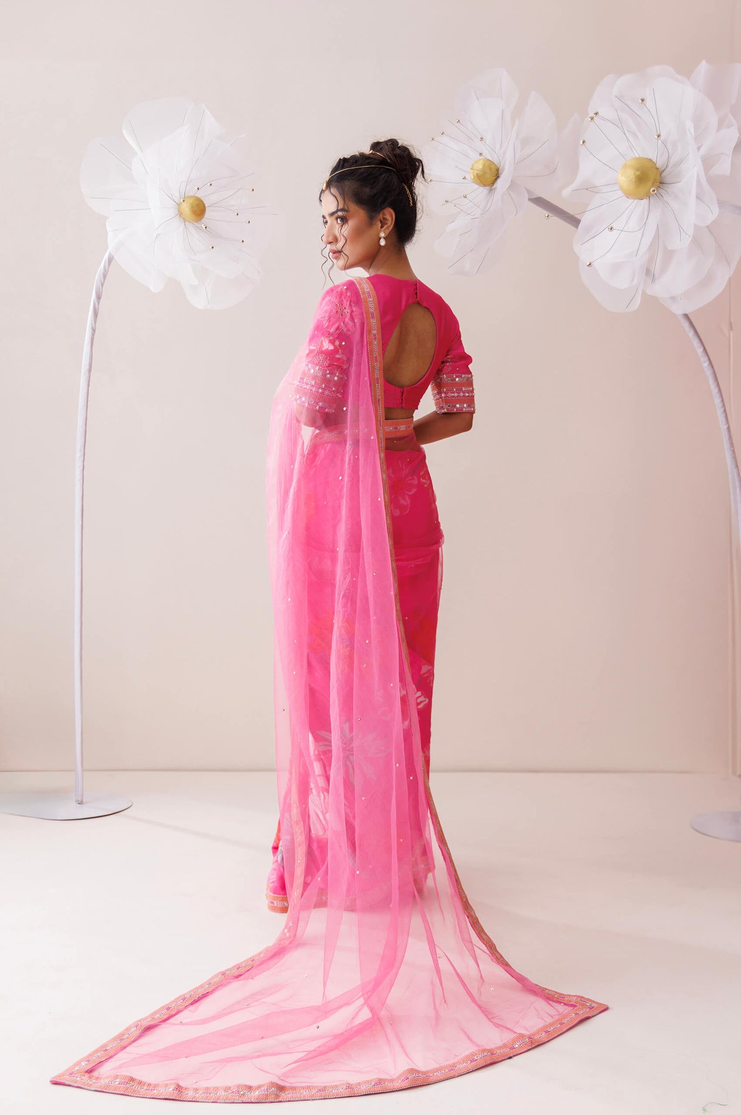 Pink net saree