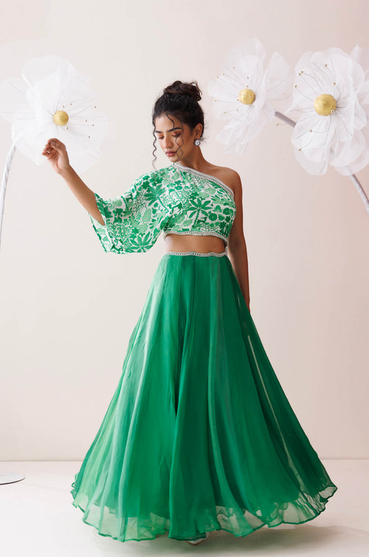 Verde ombre one-shoulder dress