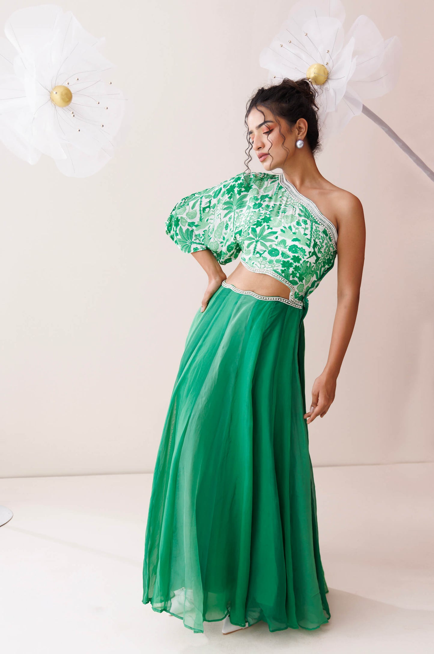 Verde ombre one-shoulder dress