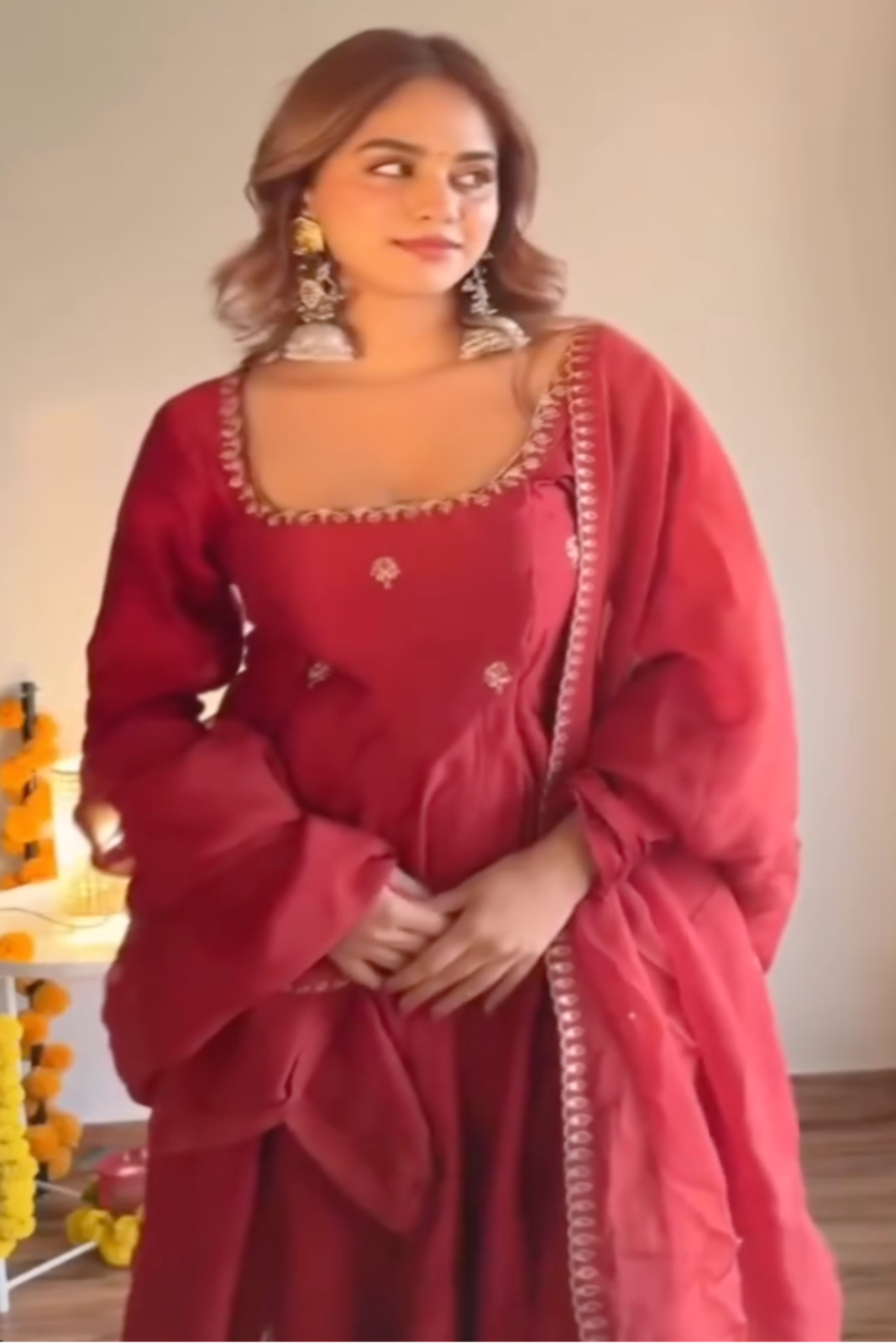 Pooja Mundhra in Rustic Red Anarkali Set