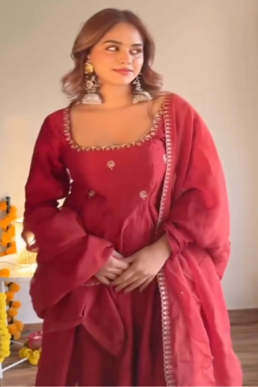Pooja Mundhra in Rustic Red Anarkali Set