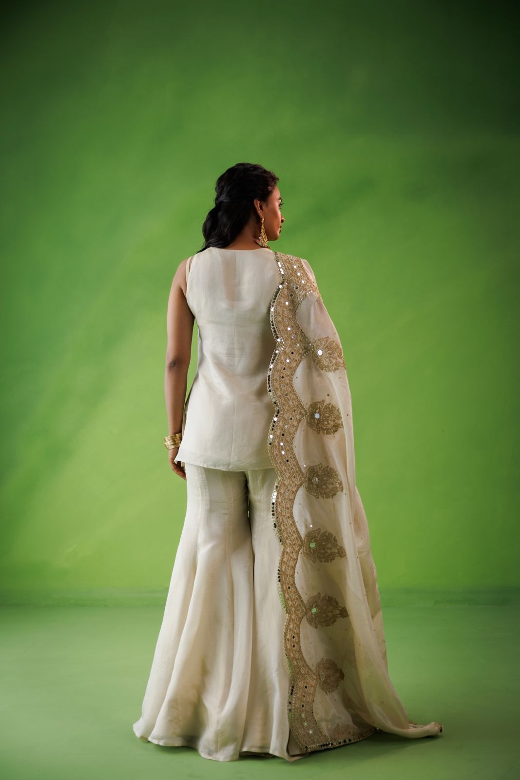 Beige tissue flared sharara set