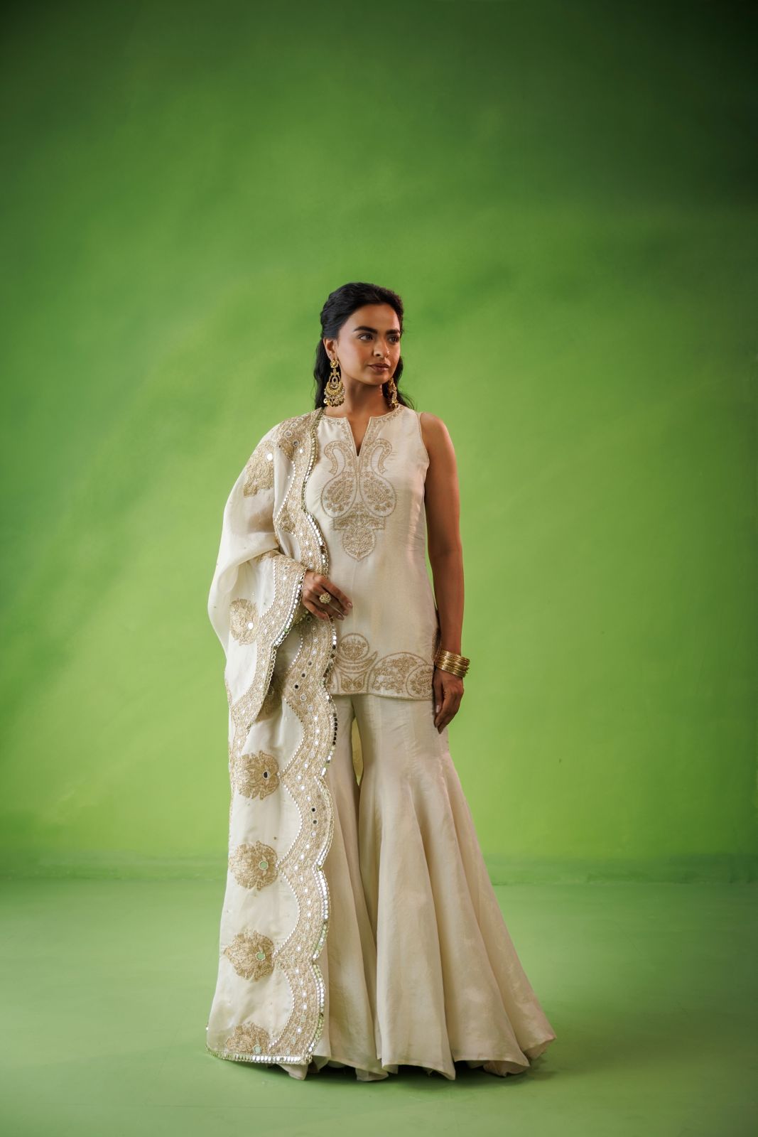 Beige tissue flared sharara set