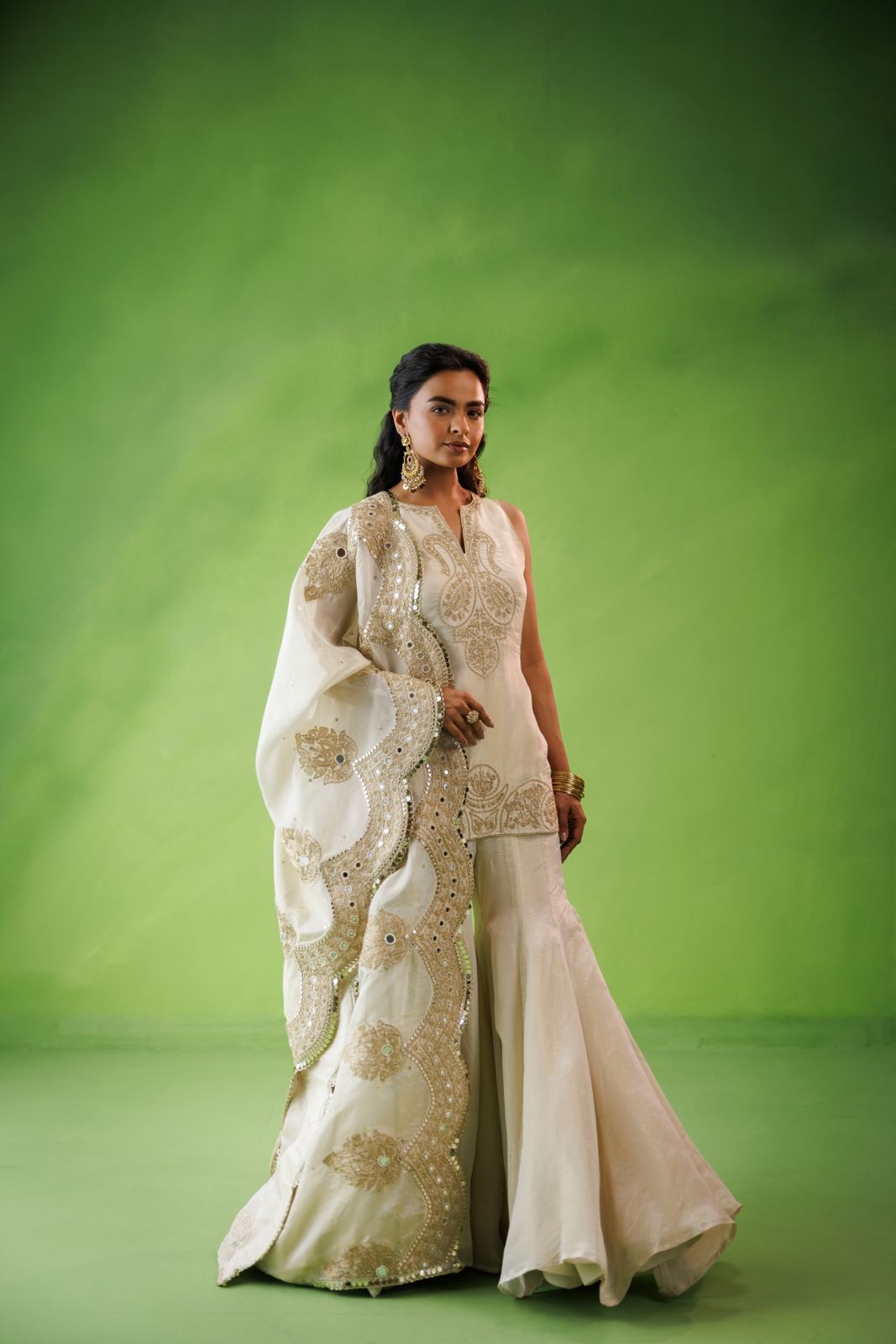 Beige tissue flared sharara set